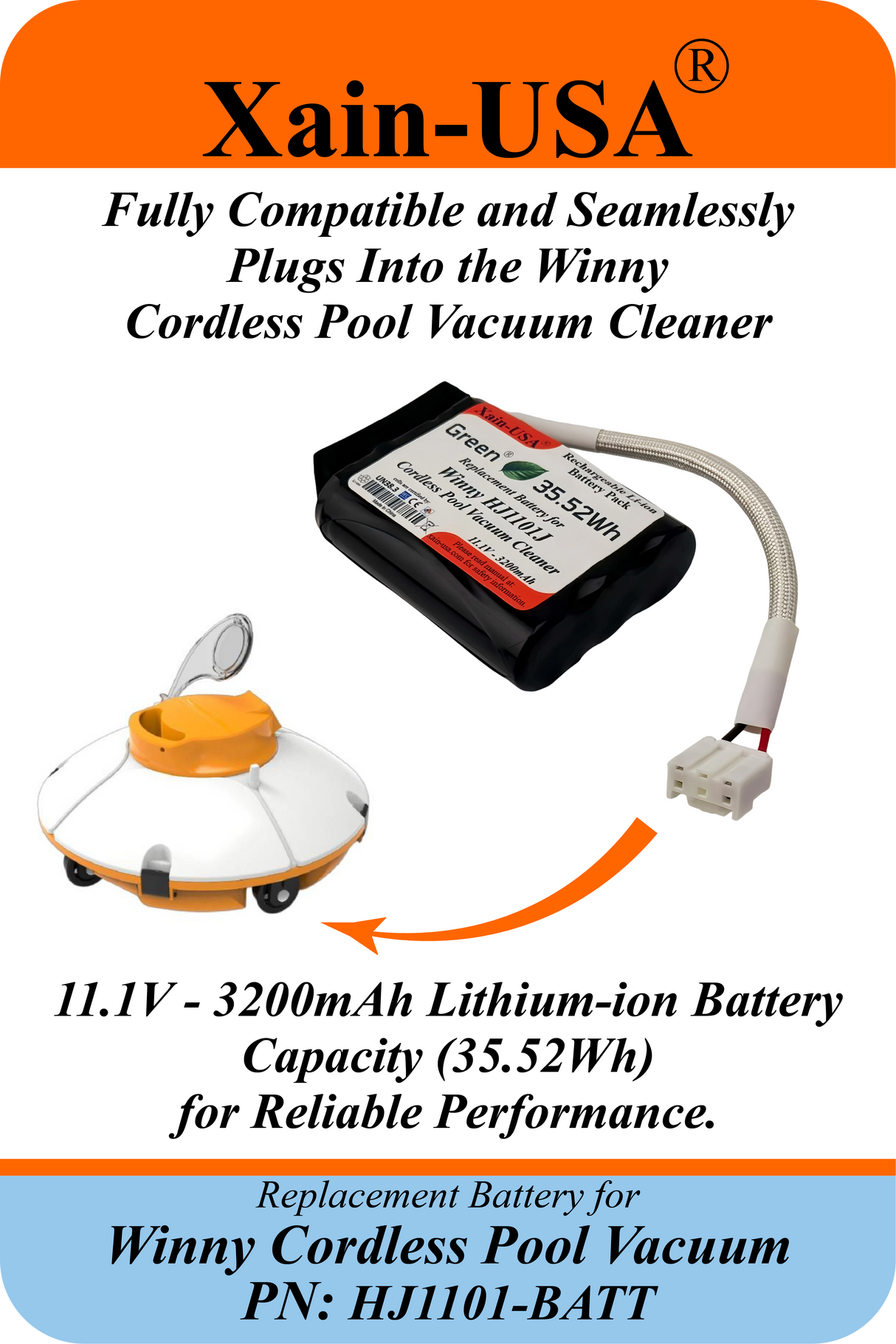 3200mAh Replacement Battery Pack for Winny Pool Vacuum PN: HJ1101-BATT