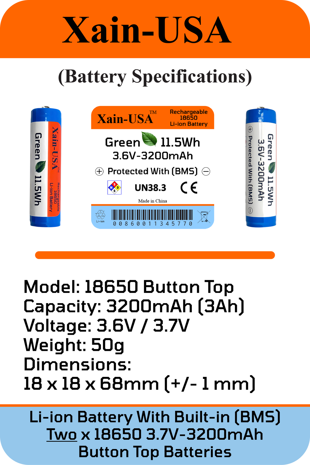 2-Pack 3.7V 3200mAh 18650 Button Top with Charger