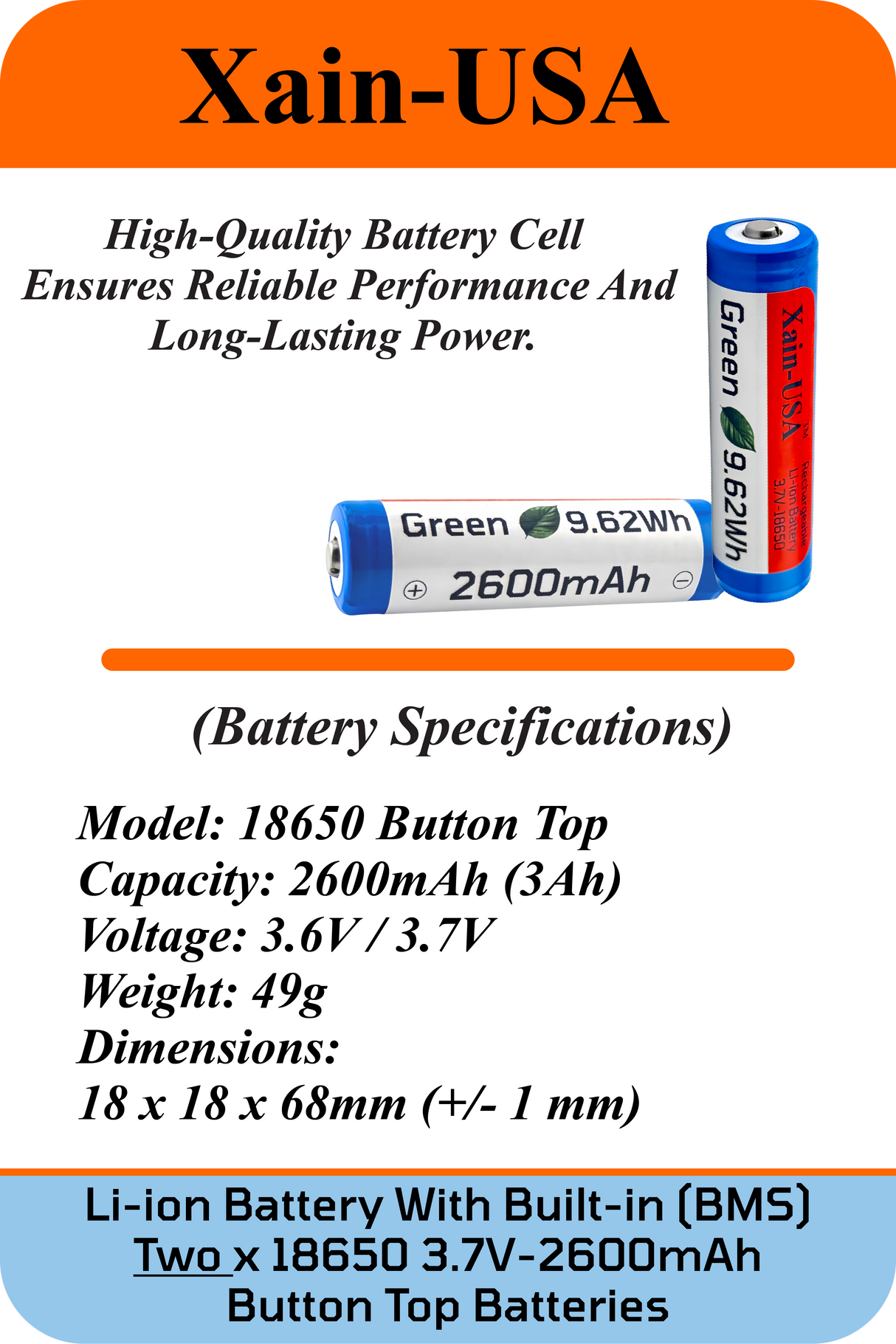 2-Pack 3.7V 2600mAh 18650 Button Top