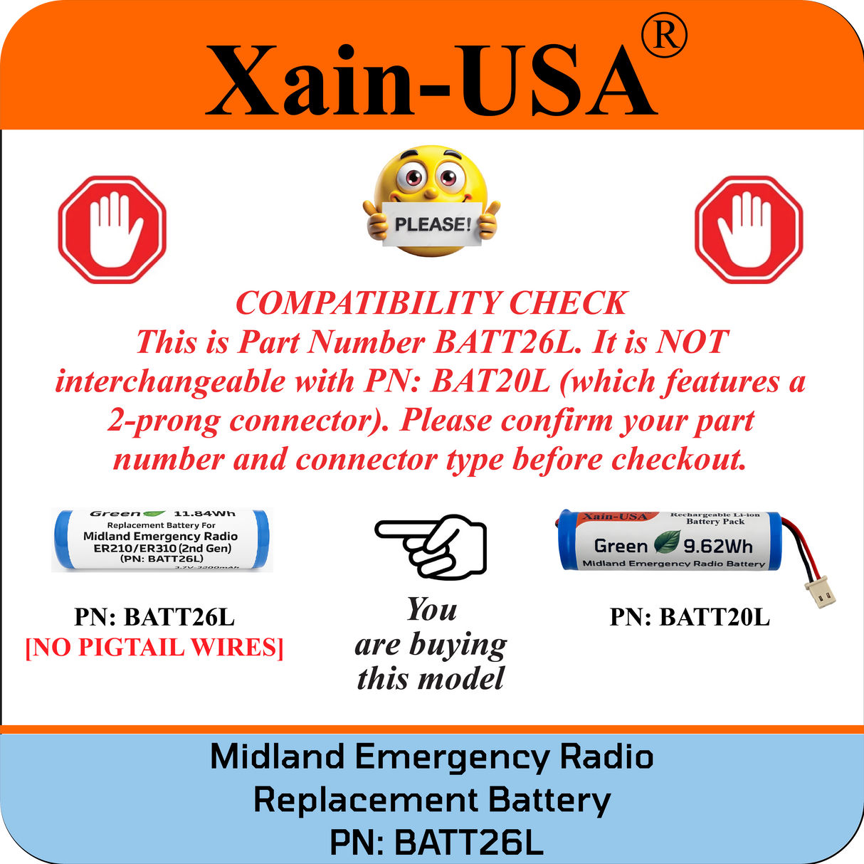 Long Lasting 3200mAh Replacement Battery for Midland Emergency Radio ER210/ER310 (2nd Gen) / PN: BATT26L.