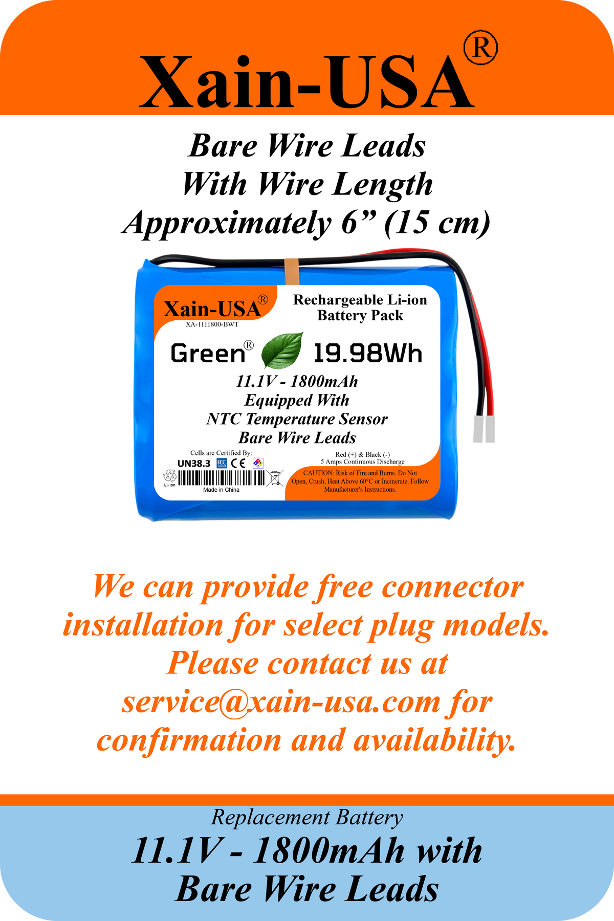 Xain-USA 11.1V 1800mAh Rechargeable Li-ion Battery Pack | 19.98Wh | 5A Continuous Discharge | Bare Wire Leads | Built-In BMS & 10KΩ NTC Thermistor | Emergency Lighting, DIY & Electronics