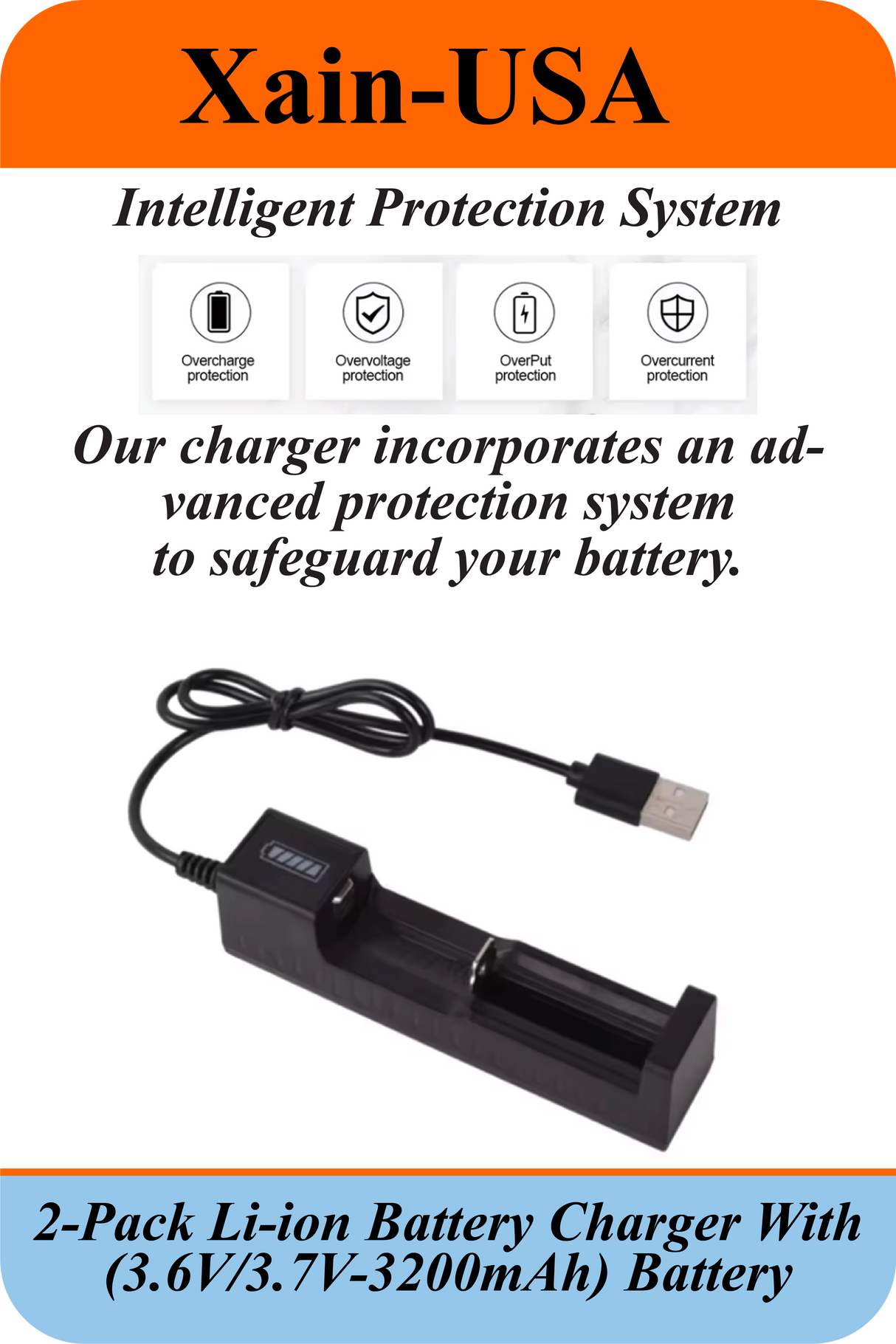 2-Pack: (Charger + 3.7V, 3200mAh Li-ion Rechargeable Battery). Ideal for flashlights, solar lights, torches, toys, radios, and other electronic devices.