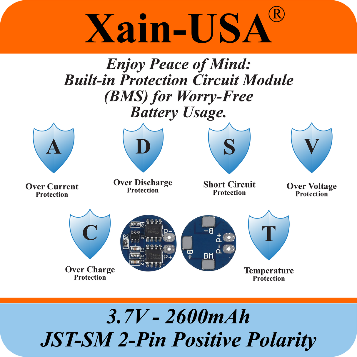3.7V 2600mAh Li-ion Battery Pack with JST-SM 2-Pin Positive Polarity