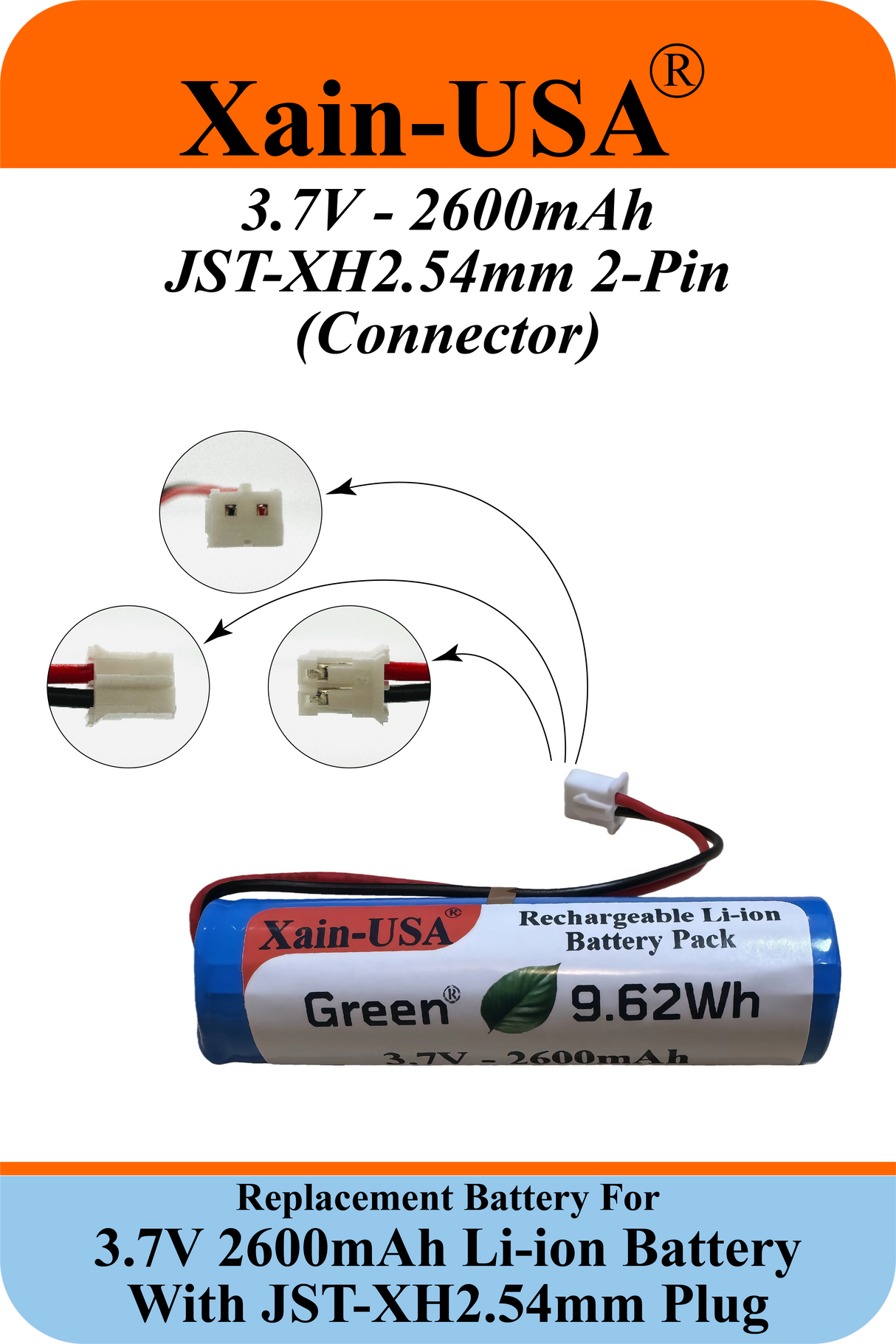 (2-Pack) 3.7V 2600mAh Li-ion Battery Pack (9.62Wh) with JST-XH 2-Pin Connector – Rechargeable 1S Pack for RC Cars, Robots, LED Lights, Portable Electronics, DIY Electronics Products