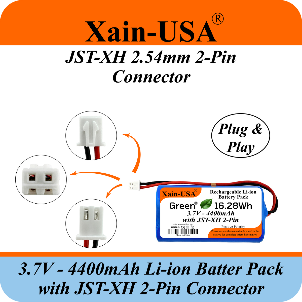 Xain-USA 3.7V 4400mAh Li-ion Battery Pack - JST-XH 2-Pin, Built-in BMS