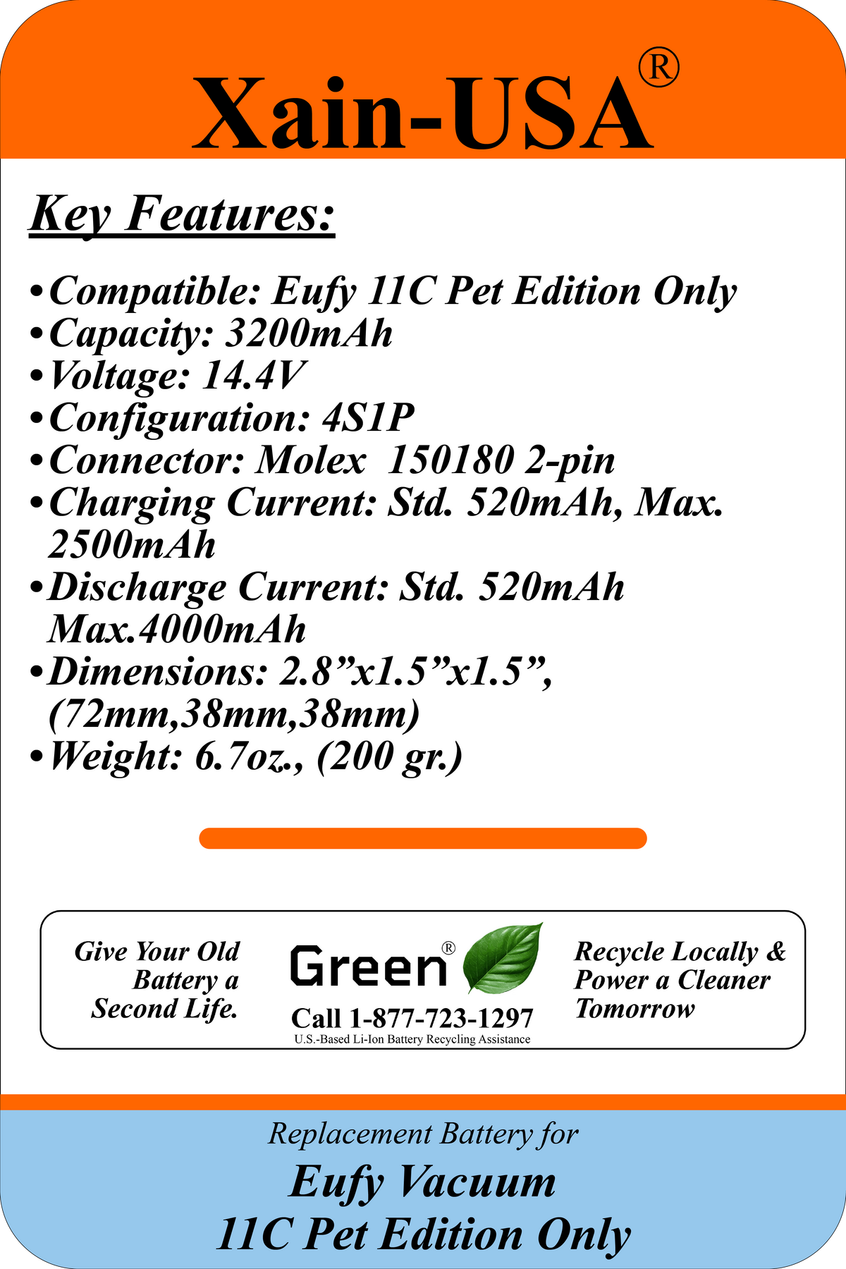 14.4V 3200mAh Replacement Battery Pack for Eufy 11C Pet Edition Only, 46.08Wh, 4S1P Li-ion Battery with Built-in BMS Protection