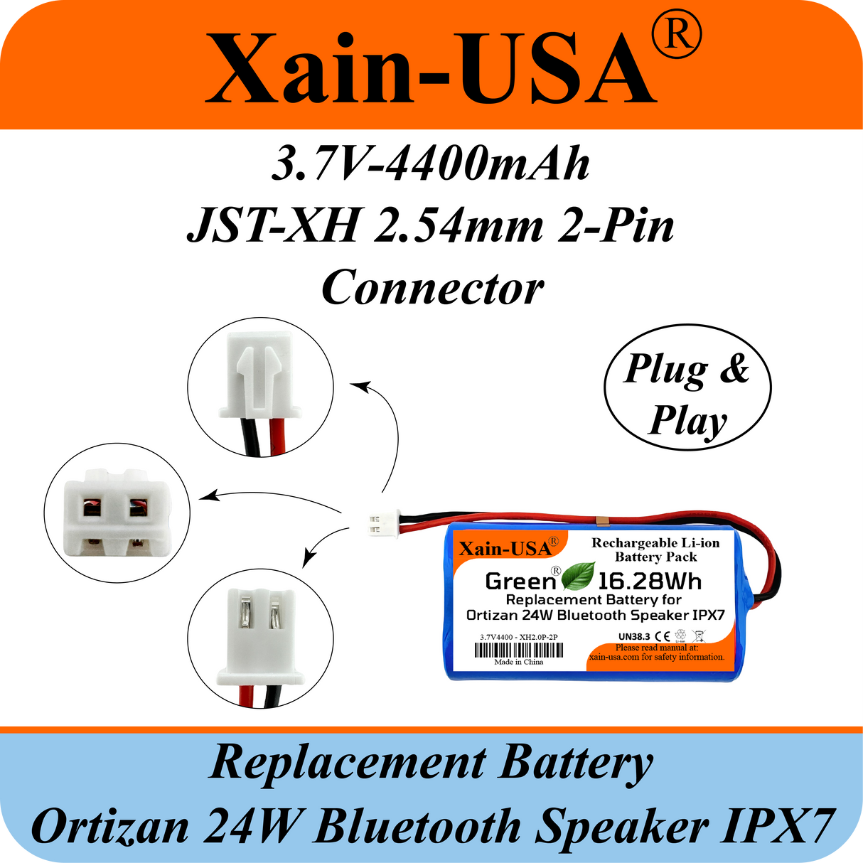 (2-Pack) Replacement Battery for Ortizan 24W Bluetooth Speaker IPX7 – 3.7V 4400mAh 16.28Wh Li-ion Rechargeable Pack with JST-XH 2P 2.54mm Connector