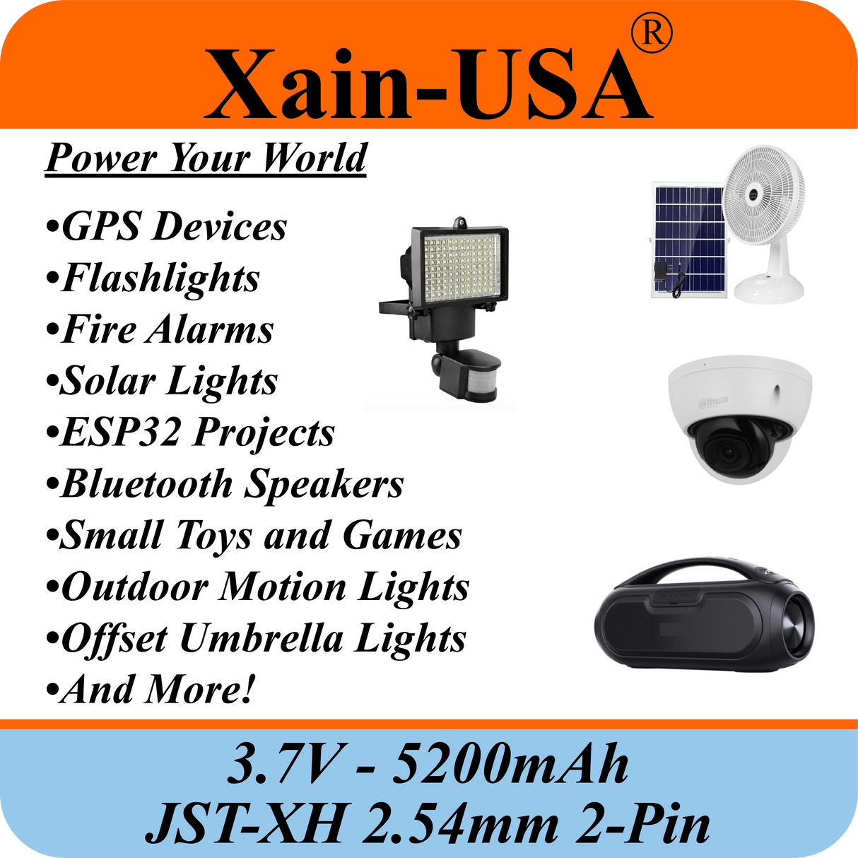 Premium 3.7V 5200mAh / High Drain / 1000+ cycles / Li-ion Battery Pack / with JST-XH 2-pin Plug / Supports 4A Continuous Discharge / Ideal for Bluetooth speakers, toys, lighting, and electronics.