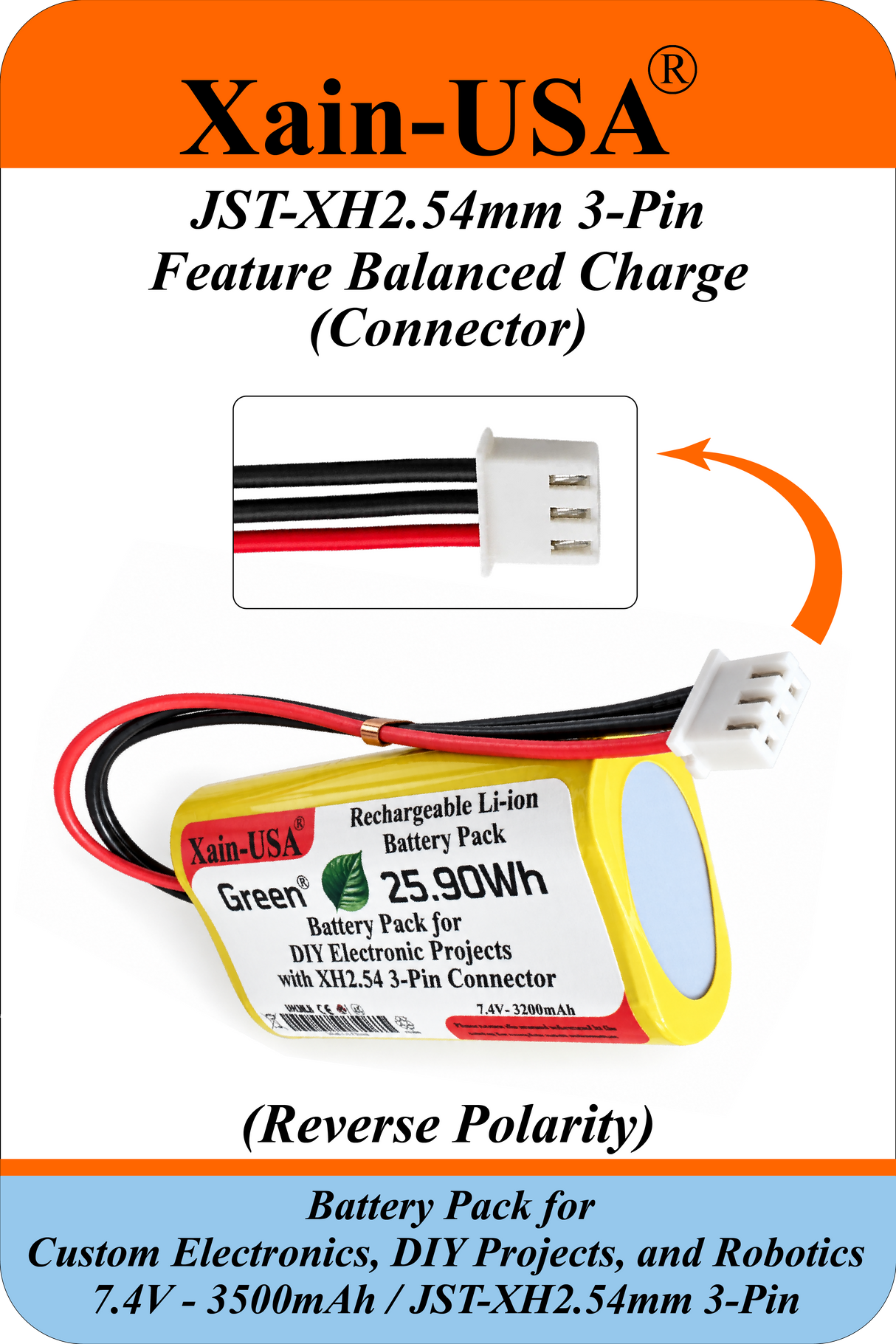 7.4V 3500mAh Li-ion Battery Pack for DIY Electronics and Robotics, JST-XH 3-Pin Connector, Balance Charging, Built-in BMS, 5A Continuous Discharge
