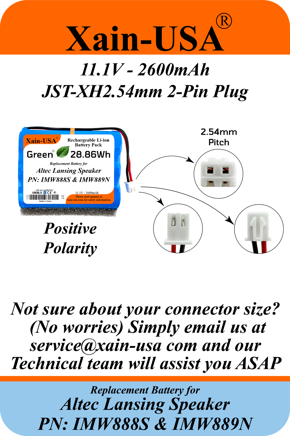 11.1V 2600mAh JST-XH 2.54 for Altec Lansing Speakers
