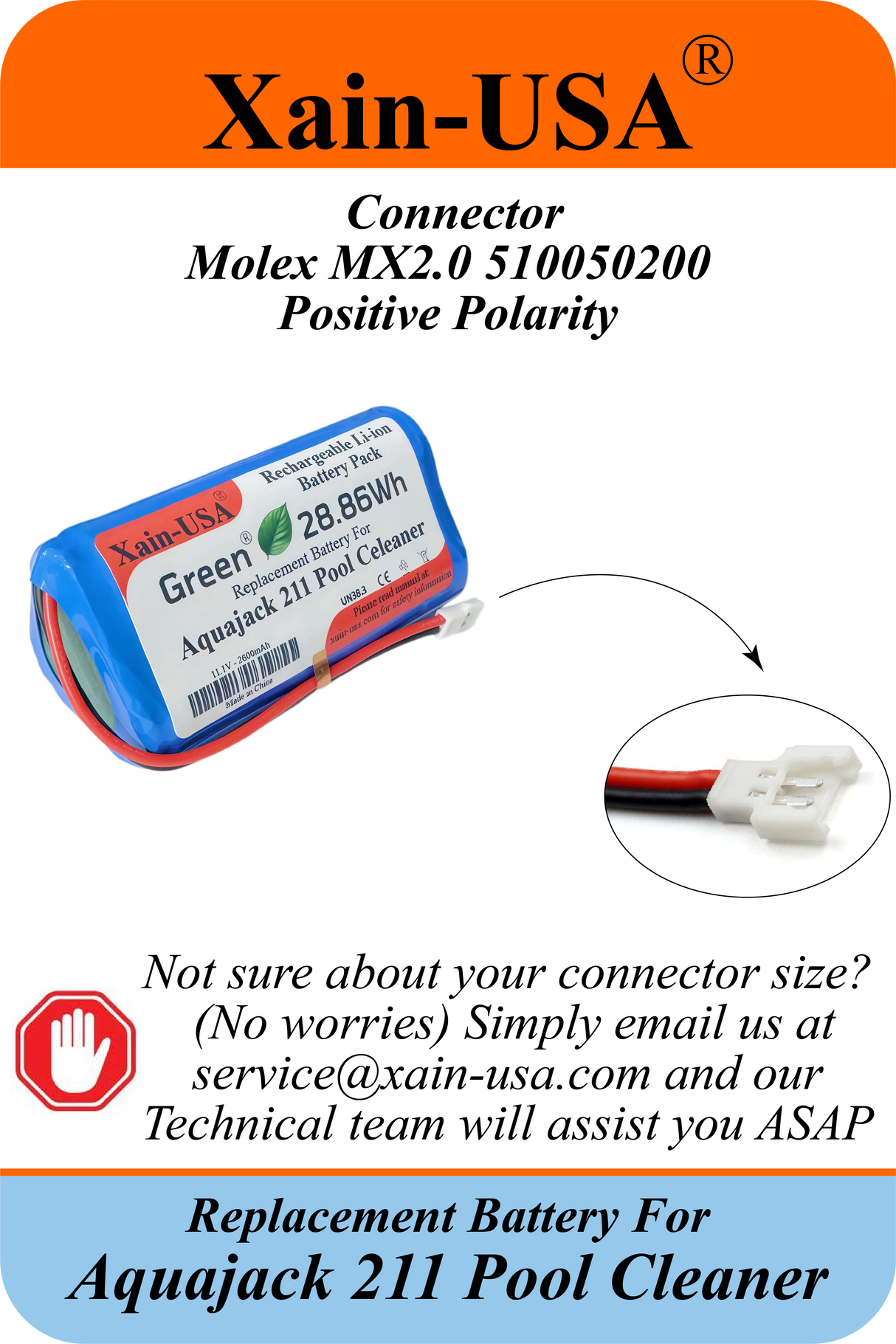 Long-Life Lithium-ion Replacement Battery for Aquajack 211 Pool Cleaner | High-Performance Xain-Xtra Cell 1000+ Charge/Discharge Cycles / 11.1V 2600mAh