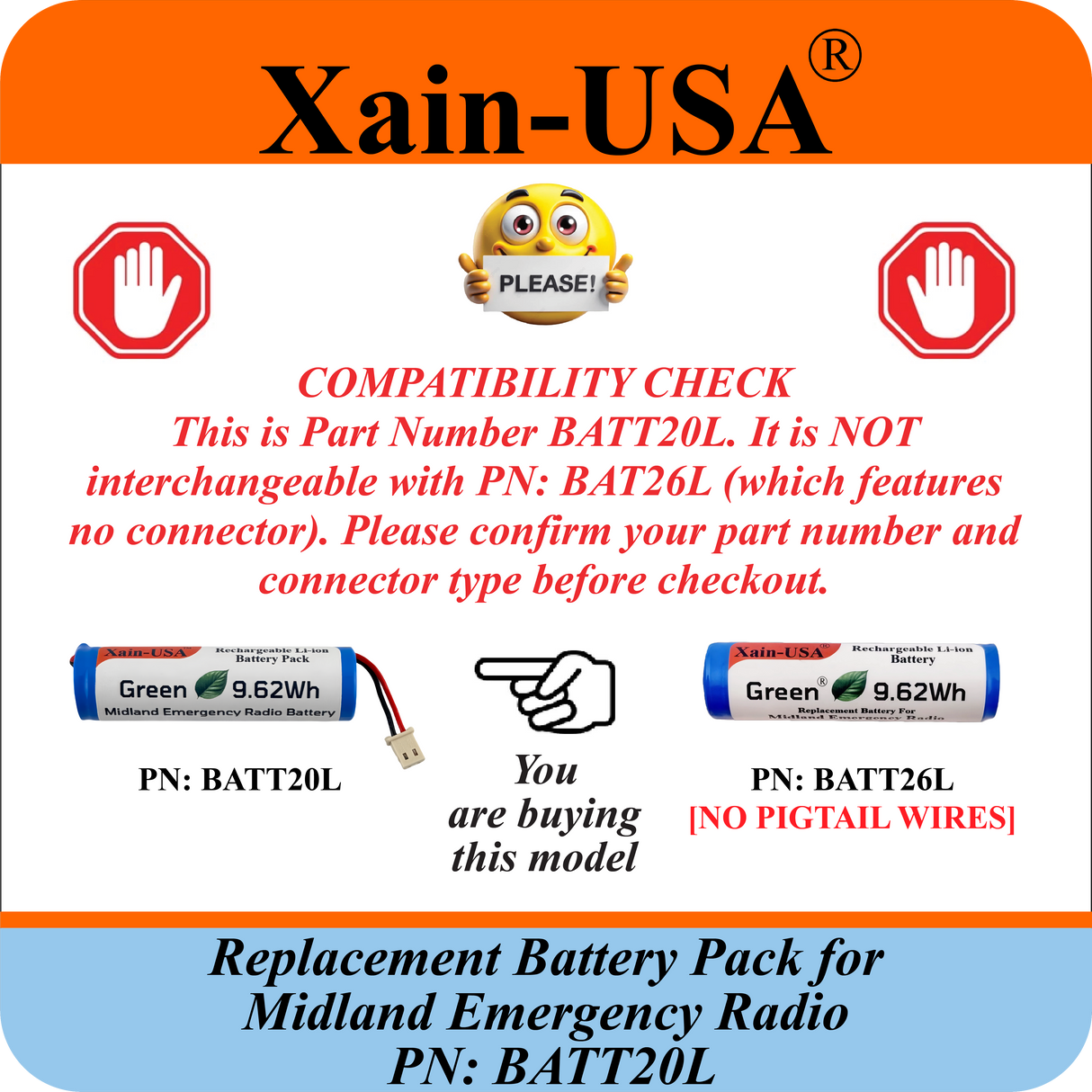 (2-Pack) 2600mAh Replacement Battery for Midland Emergency Radio PN: BATT20L, 1st Gen. ER200 / ER210 / ER300 / ER310
