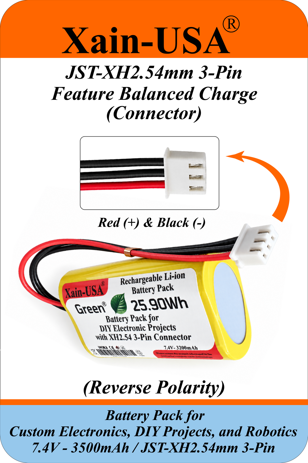7.4V 3500mAh Li-ion Battery Pack for DIY Electronics and Robotics, JST-XH 3-Pin Connector, Balance Charging, Built-in BMS, 5A Continuous Discharge