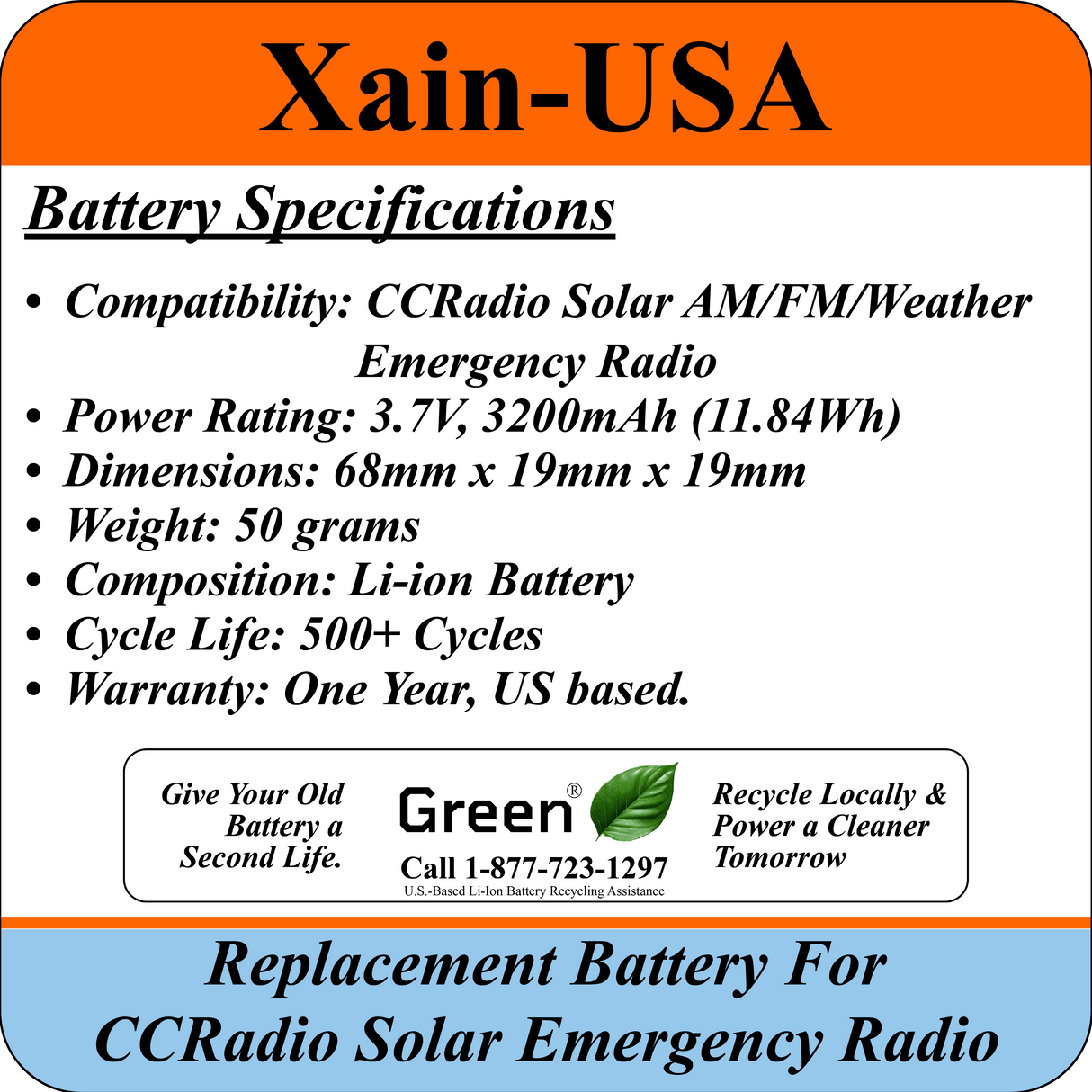 Replacement Battery for CCRadio Solar AM/FM/Weather, Li-ion 3.7V - 3200mAh