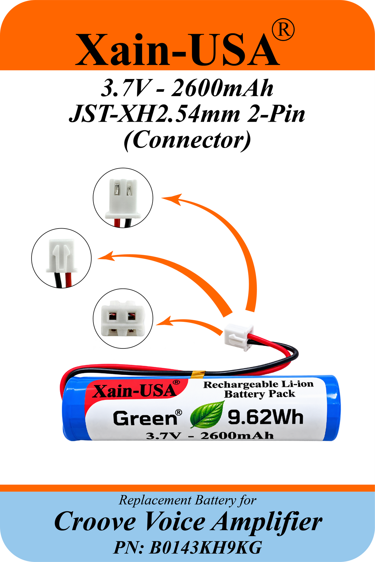 3.7V 2600mAh Replacement Battery for Croove Voice Amplifier PN B0143KH9KG, Rechargeable Li-ion 18650 Battery Pack, JST-XH2.54 2-Pin Connector, Built-in Protection, 9.62Wh