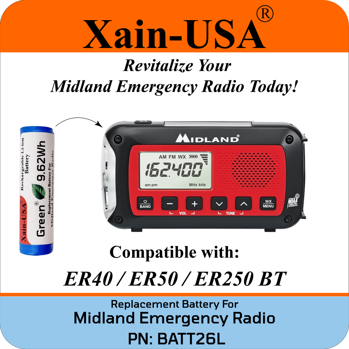 Replacement Battery for Midland Emergency Radio Models ER40 ER50 ER250BT (PN: BATT26L) 2600mAh.
