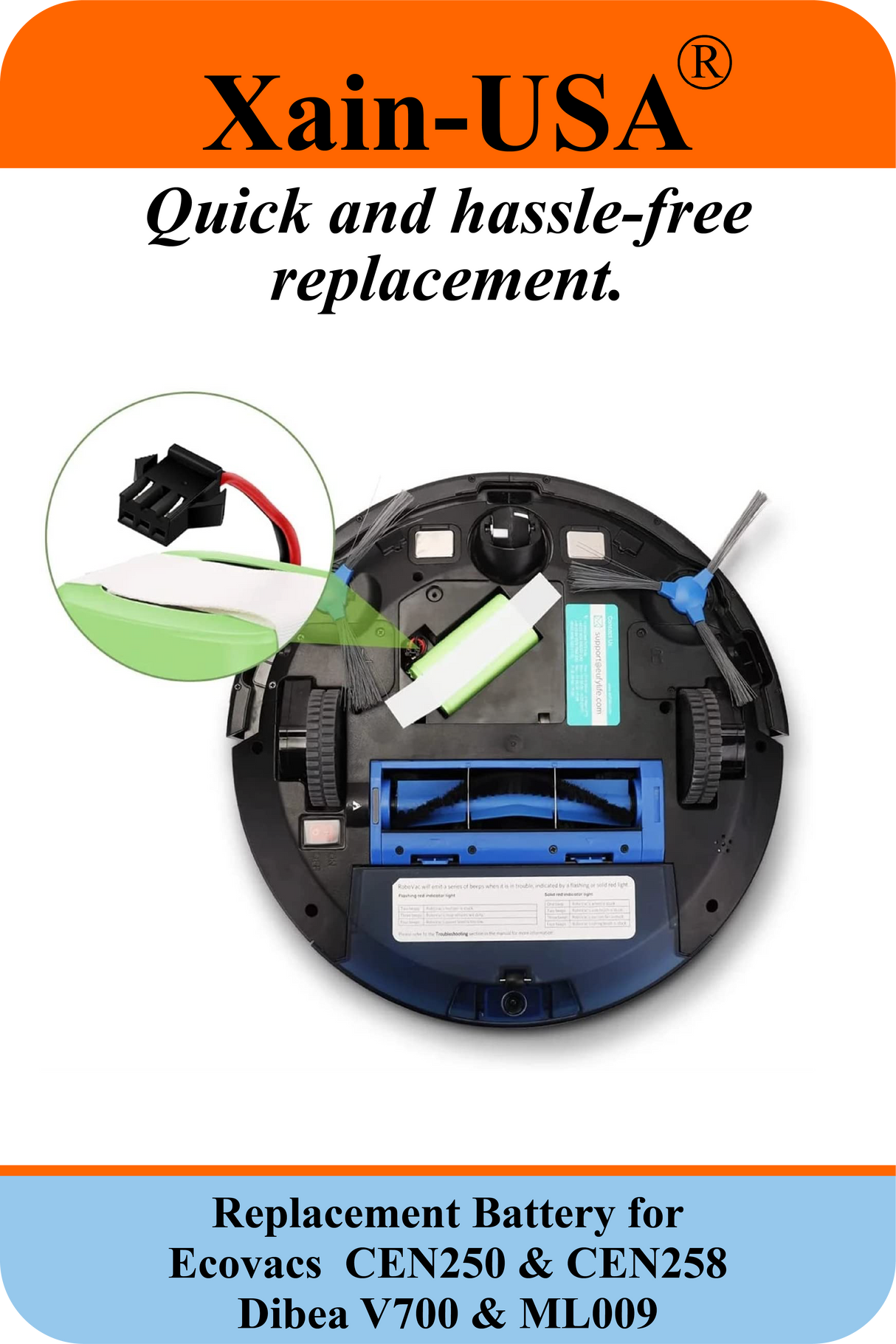 (1-Pack) 11.1V 2600mAh Li-ion Replacement Battery, 28.86Wh – Compatible with Ecovacs CEN250, CEN258 & Dibea ML009, V700