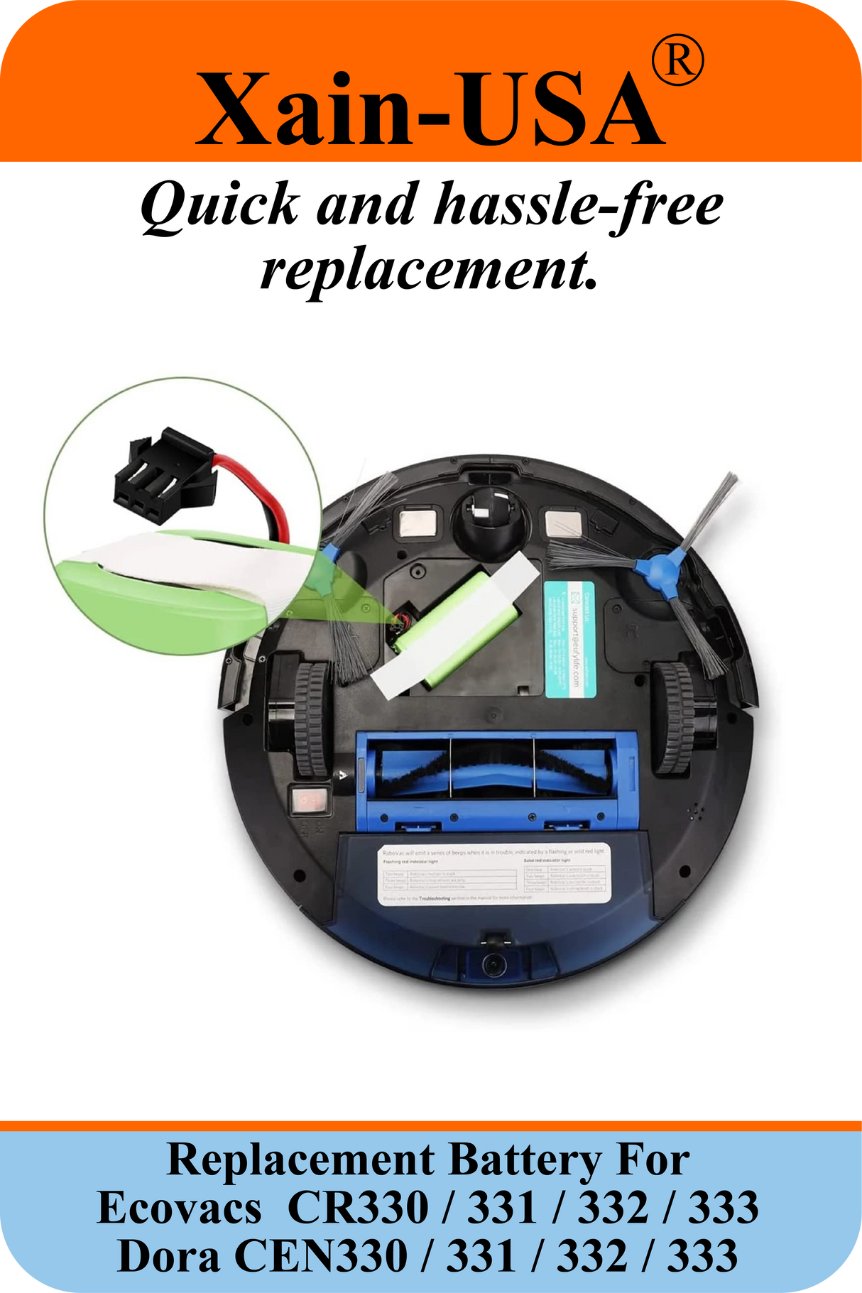 (1-Pack) 11.1V 2600mAh Replacement Battery for Ecovacs CR330, CR331, CR332, CR333, And Dora CEN330, CEN331, CEN332, CEN333 – PN: ICR18650 3S1P & UR18650ZY-3S1P-AAP (28.86Wh)
