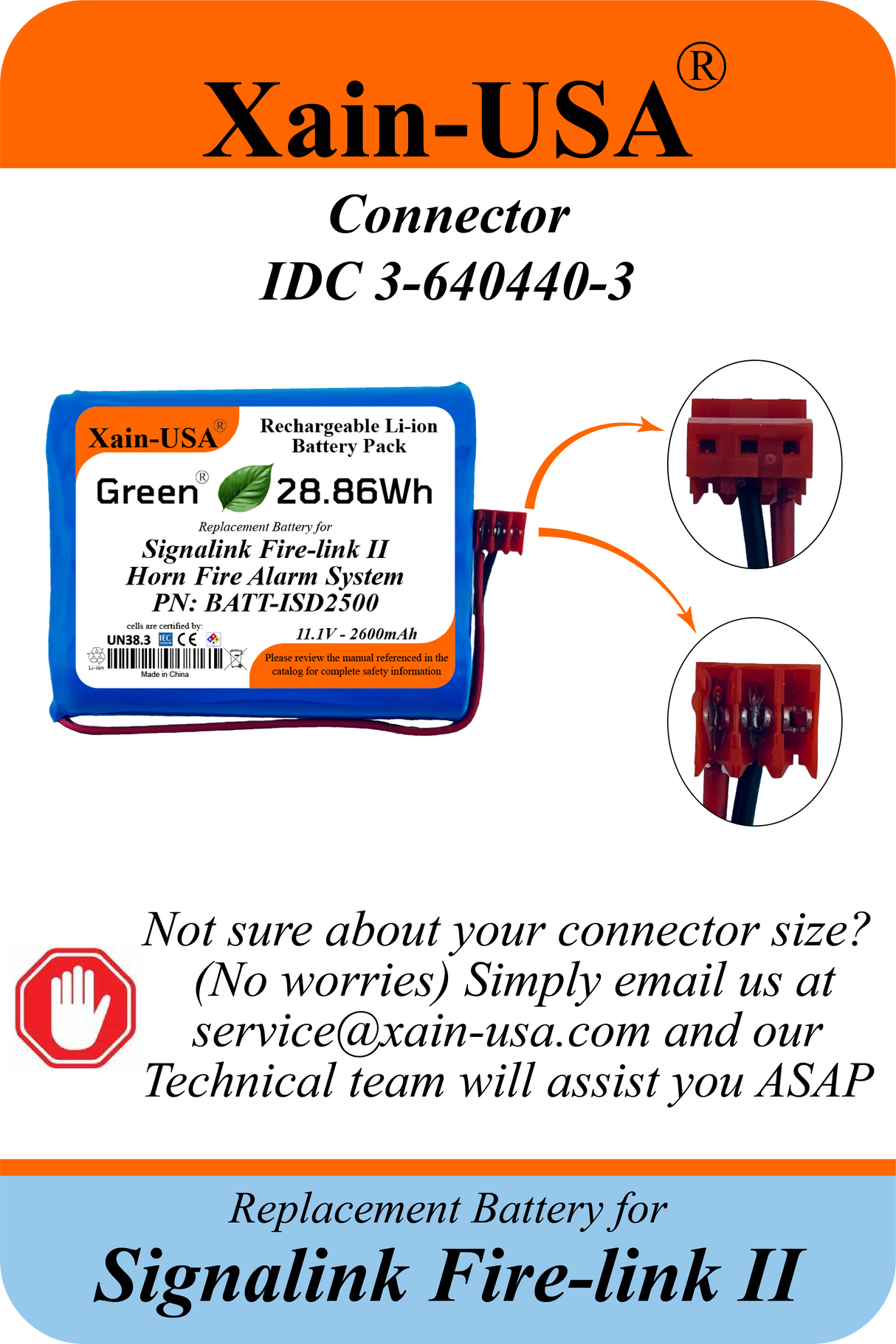 6 - pack 11.1V 2600mAh Replacement Battery for Signalink Fire-Link II Fire Alarm System, BATT-ISD2500, ISD-2500, ISD-2501, NMC-101, IDC 3-640440-3 Connector, Built-in BMS, 28.86Wh (Copy)