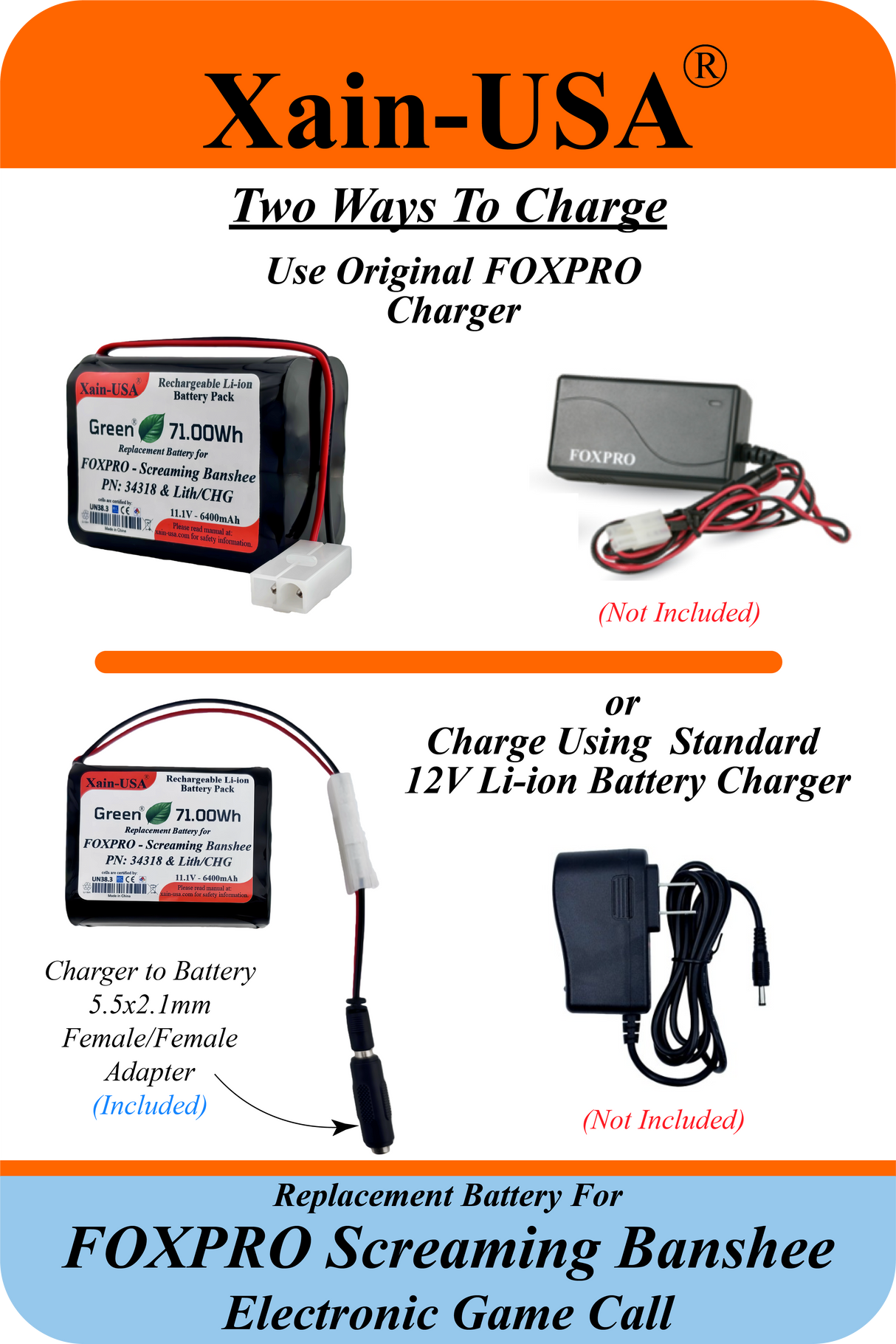 (Xain-HUNT) Powerful 6400mAh SMART Package replacement battery for FOXPRO PN: Lith/CHG & PN: 34318 / fits: Banshee, Hellfire, Krakatoa-ii, Screaming Banshee, Shockwave, Snow Commando, X1 X24 X2S Xwave