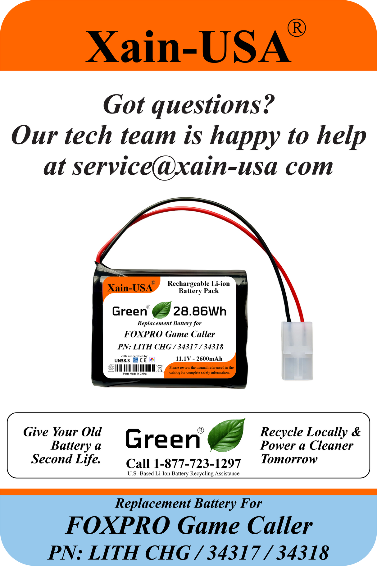 2600mAh Replacement Battery for FOXPRO Game Caller PN: LITH CHG / 34317 / 34318