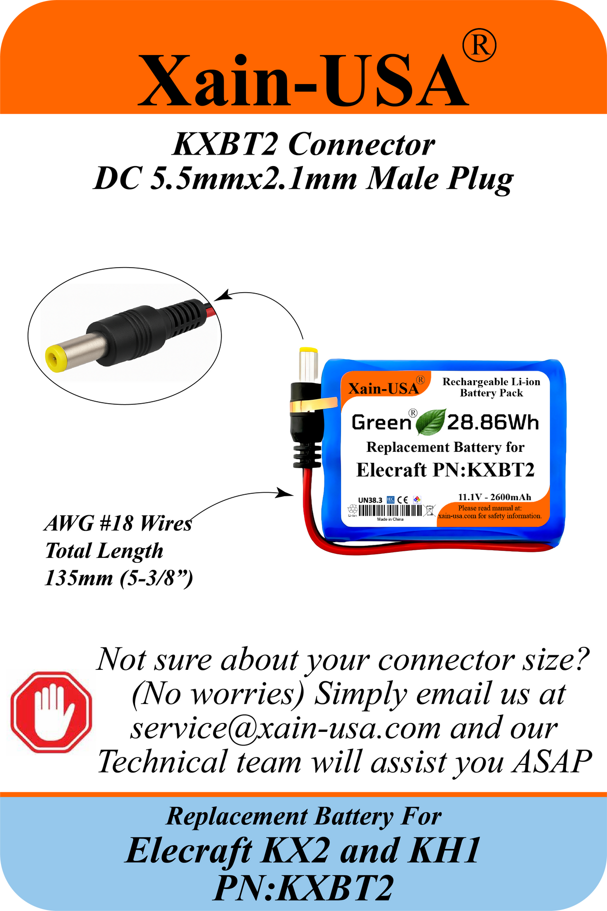 KXBT2 Replacement Battery for Elecraft KX2 & KH1, 11.1V 2600mAh Rechargeable Li-ion with Xain-Xtra Cells, 1000+ Cycle Life, BMS with Balancing & Temperature Sensing