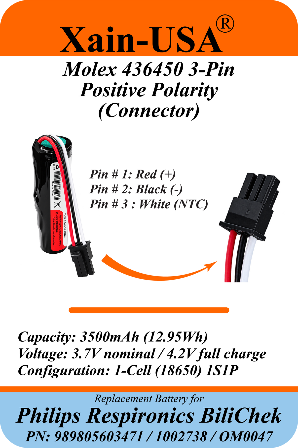 Xain-USA 3.7V 3500mAh Replacement Battery for Philips Respironics BiliChek Bilirubin Analyzer | Replaces 989805603471, 1002738, OM0047