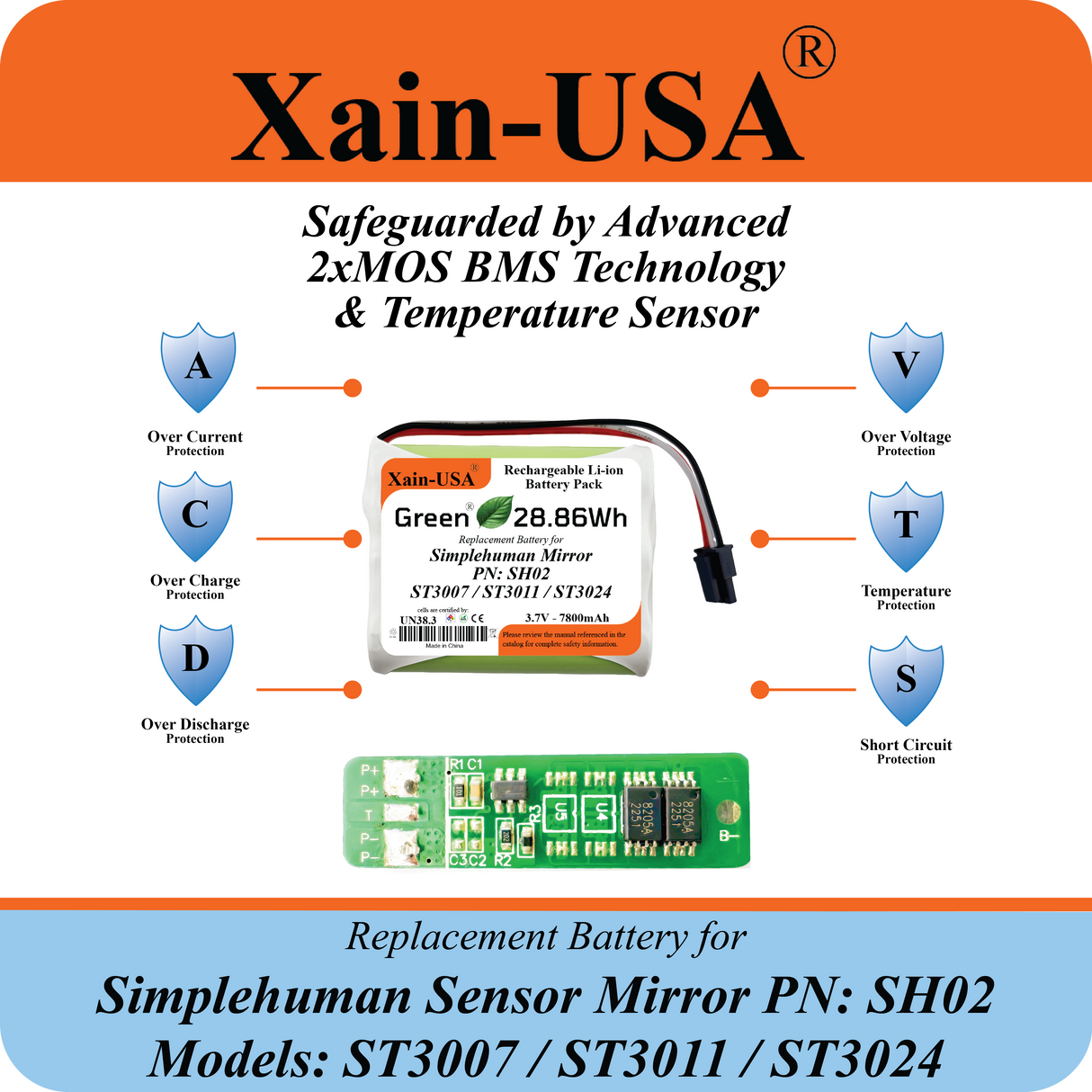 7800mAh Replacement Battery for Simplehuman Mirror PN: SH02 ST3007 ST3011 ST3024