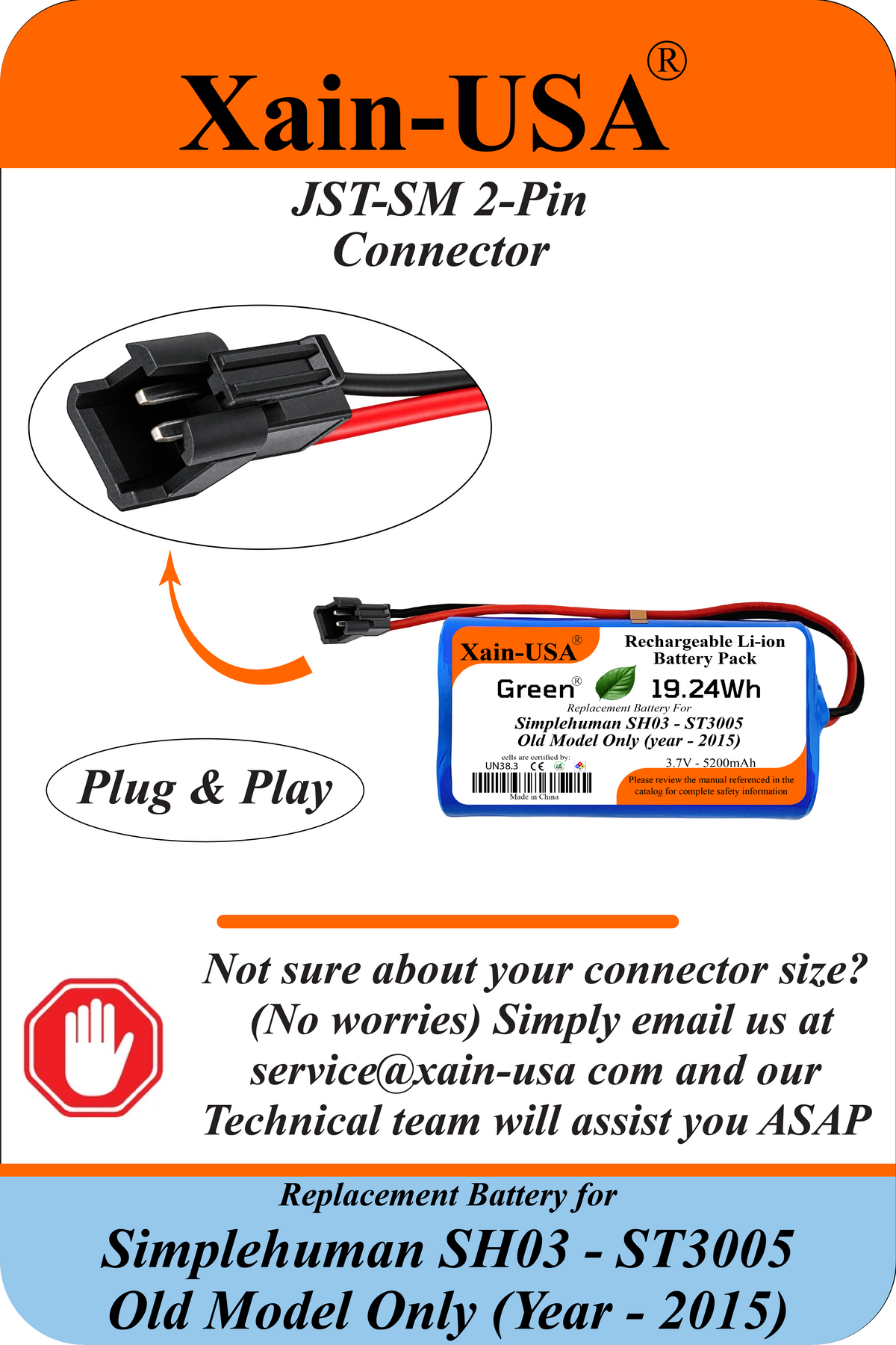 5200mAh Replacement Battery for Simplehuman Sensor Mirror SH03 / ST3005 (Year - 2014 Model Only) JST-SM 2-Pin Connector — Verify Connector Before Ordering