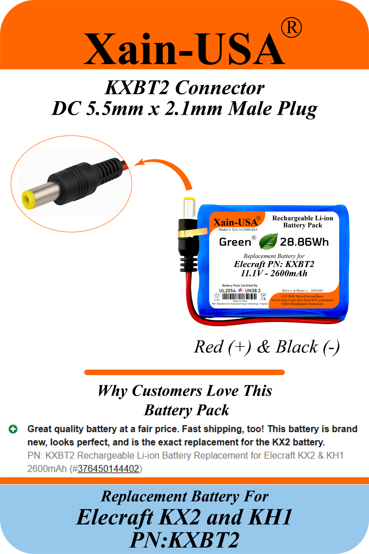 Xain-USA UL 2054 Certified 11.1V 2600mAh Replacement Battery for Elecraft KX2 & KH1, Replaces KXBT2, 28.86Wh, 5A BMS, 10K NTC