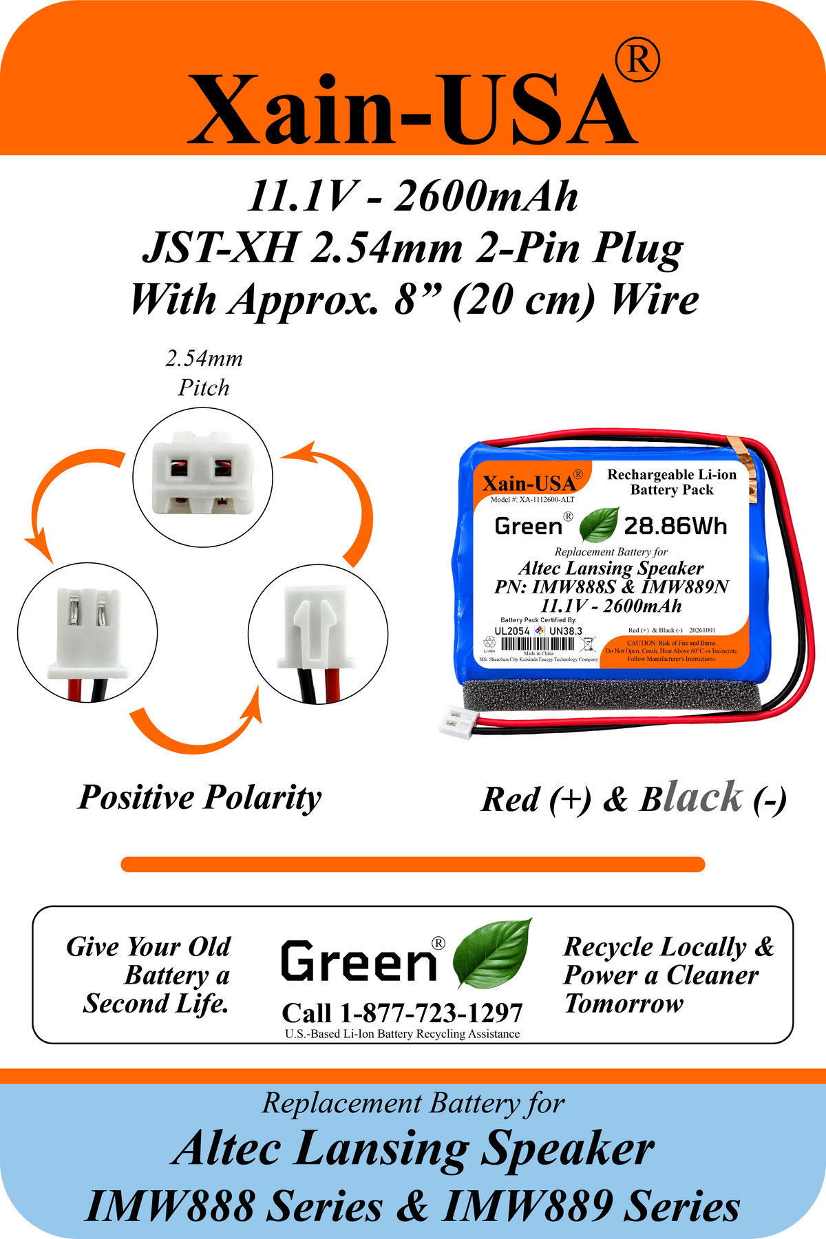 Xain-USA UL 2054 Certified 11.1V 2600mAh Replacement Battery for Altec Lansing Super LifeJacket IMW888 & Jolt IMW889 Series Speakers, 28.86Wh, 5A BMS