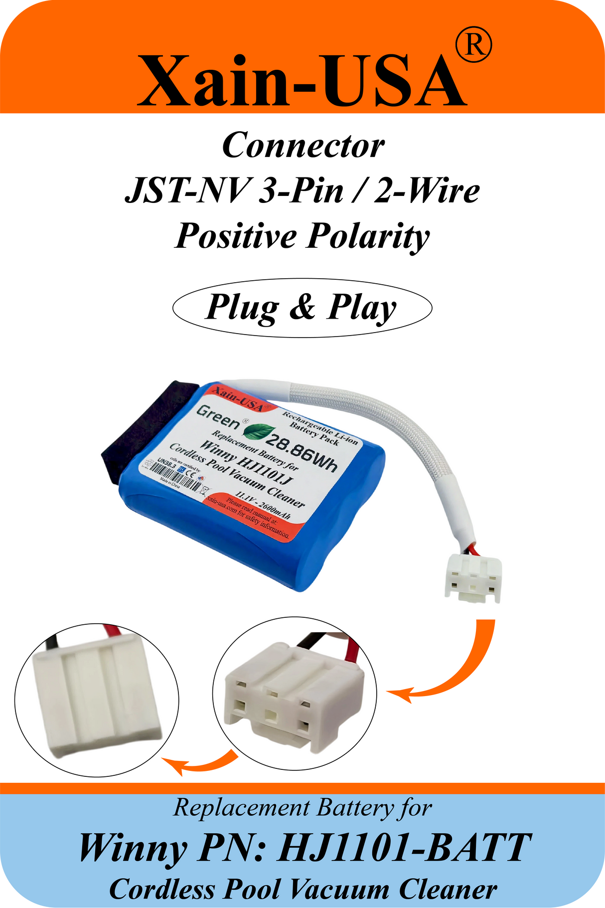 Replacement Battery Pack for Winny Models HJ1101J / HJ1101 / HJ1102 Cordless Pool Vacuum Cleaner | PN: HJ1101-BATT | High-Capacity 11.1V 2600mAh Rechargeable Lithium-Ion | Long Runtime, Direct OEM Fit