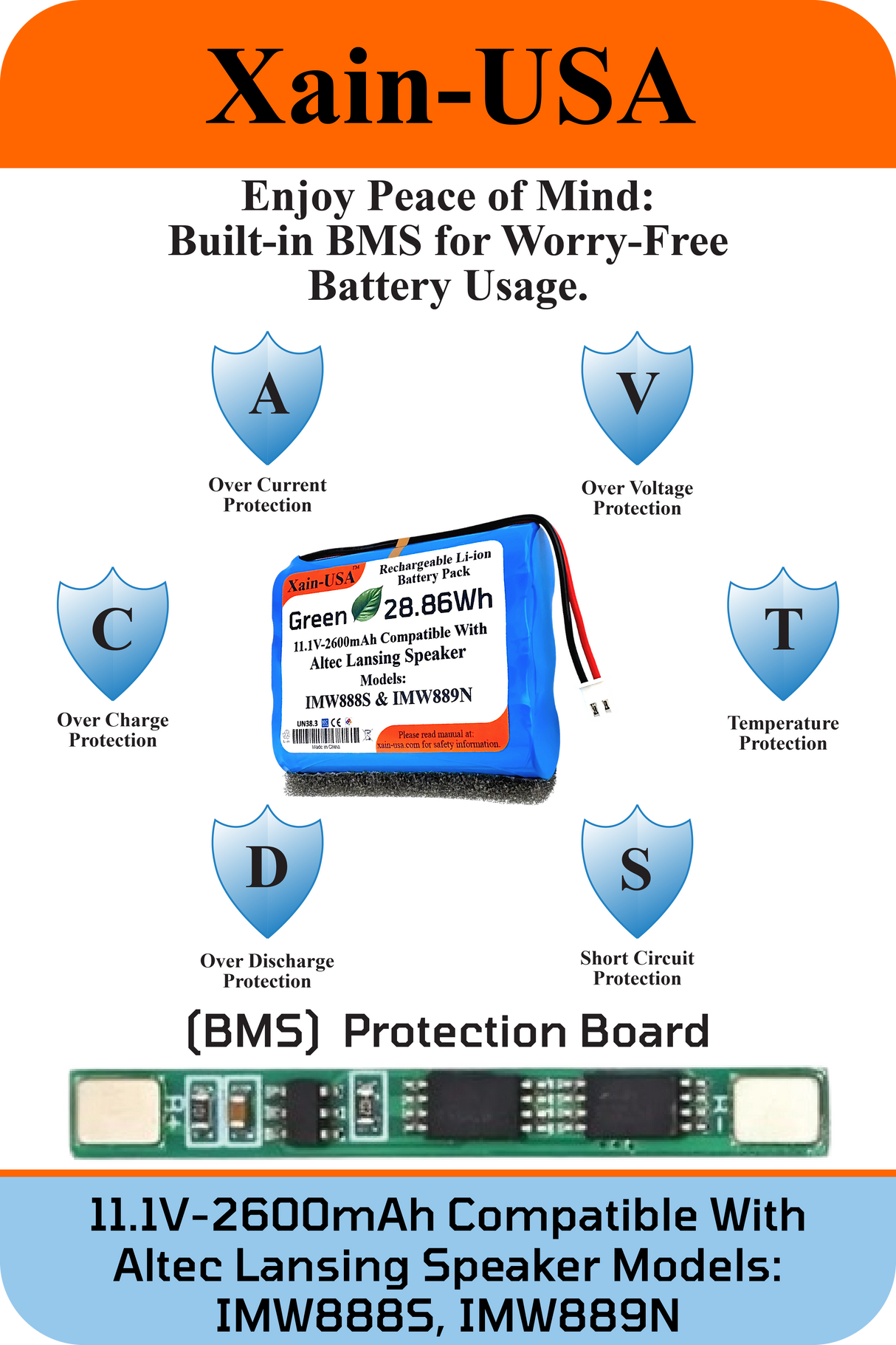 11.1V 2600mAh JST-PH 2.0 for Altec Lansing Speakers