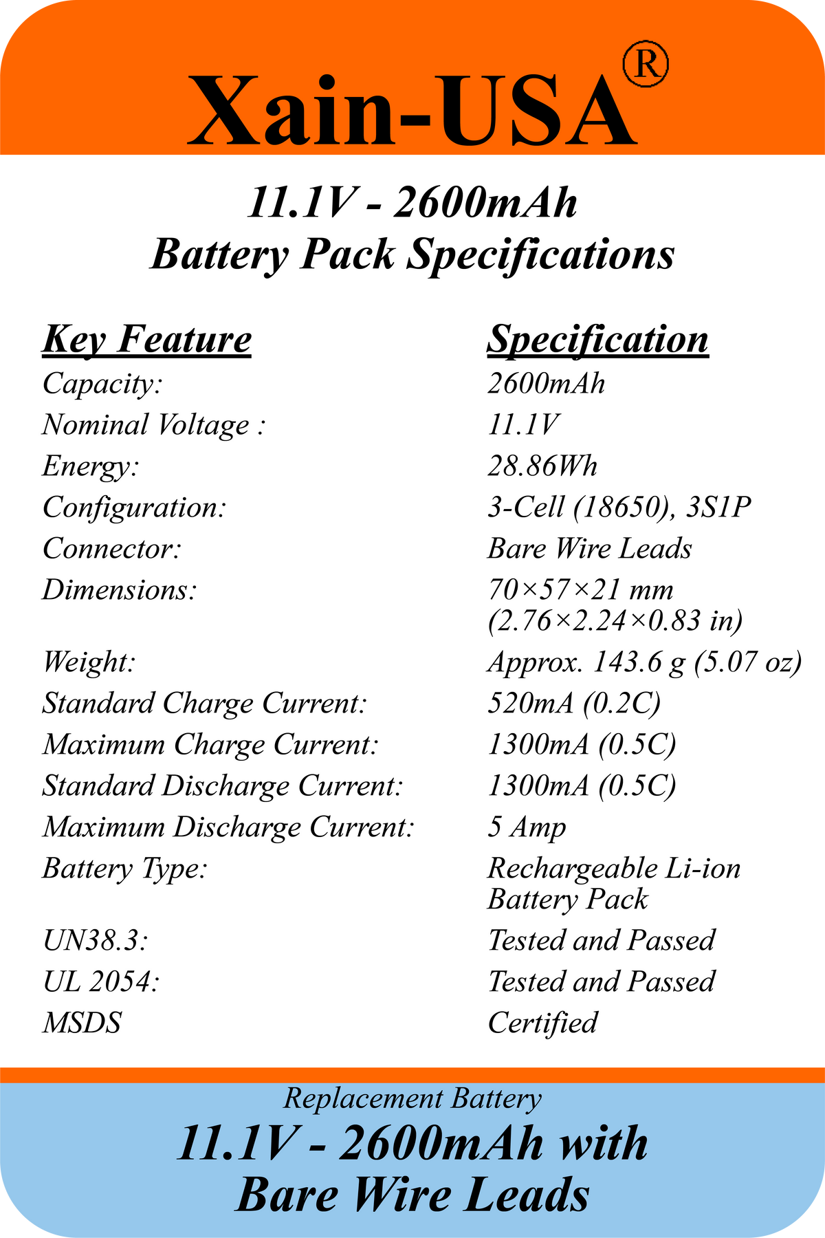 UL2054 Certified, 11.1V 2600mAh Li-ion Battery, 5A Cont., Bare Wire Leads