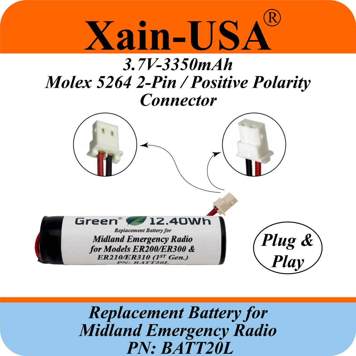High Capacity 3350mAh Rechargeable Replacement Battery — Compatible with Midland Emergency Weather Radios | Part No. BATT20L | Fits First-Generation ER200, ER210, ER300, and ER310 Models