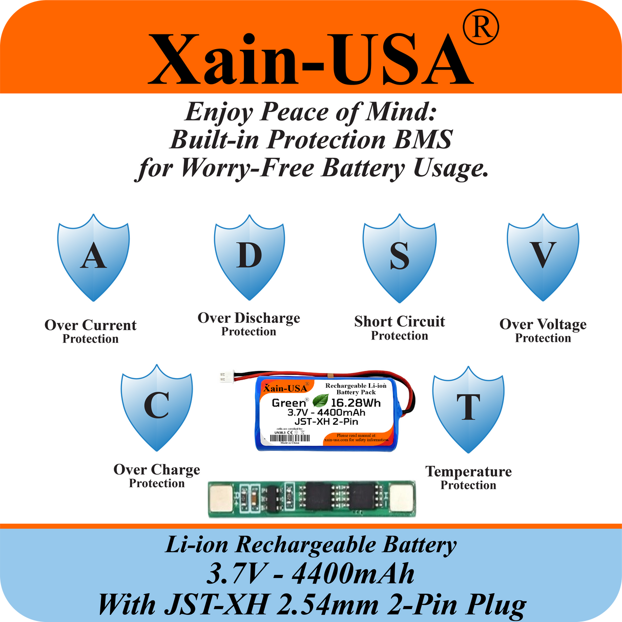 3.7V 4400mAh Li-ion Replacement Battery with JST-XH 2P 2.54mm Connector for Ortizan 24W Bluetooth Speaker IPX7, RC Toys, Lighting, DIY Equipment