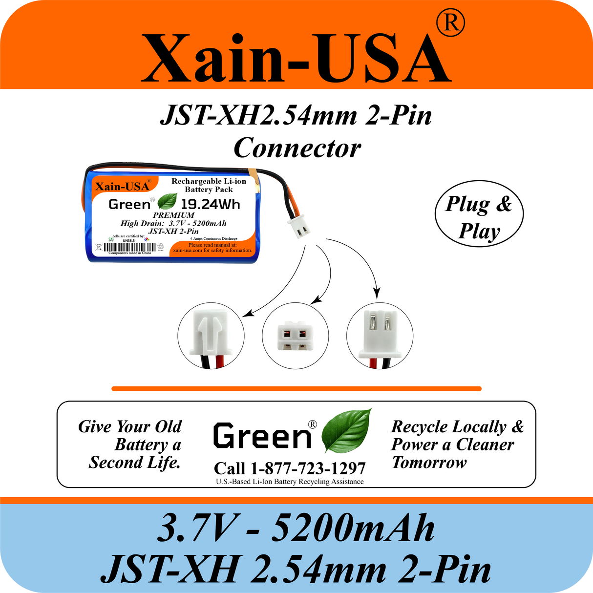 Premium 3.7V 5200mAh / High Drain / 1000+ cycles / Li-ion Battery Pack / with JST-XH 2-pin Plug / Supports 4A Continuous Discharge / Ideal for Bluetooth speakers, toys, lighting, and electronics.