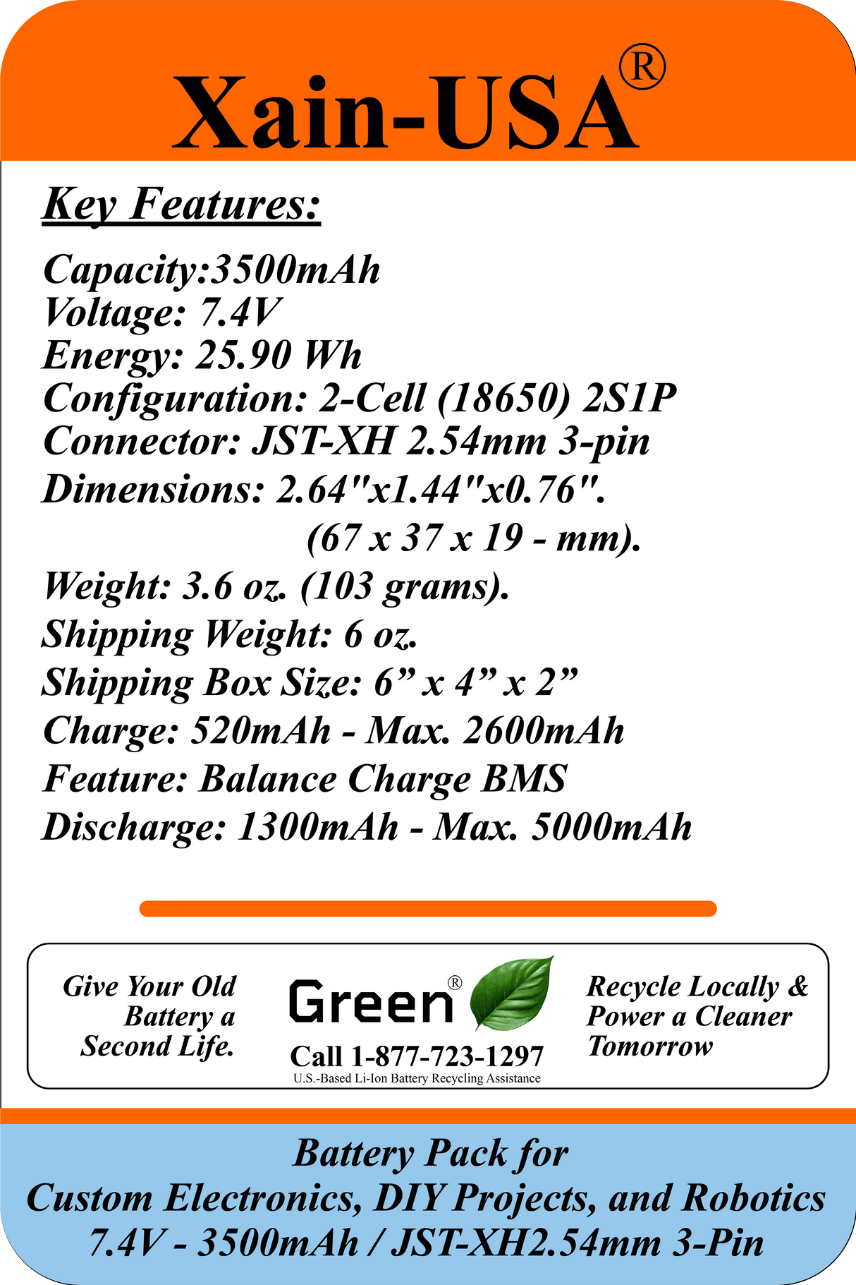 7.4V 3500mAh Li-ion Battery Pack for DIY Electronics and Robotics, JST-XH 3-Pin Connector, Balance Charging, Built-in BMS, 5A Continuous Discharge