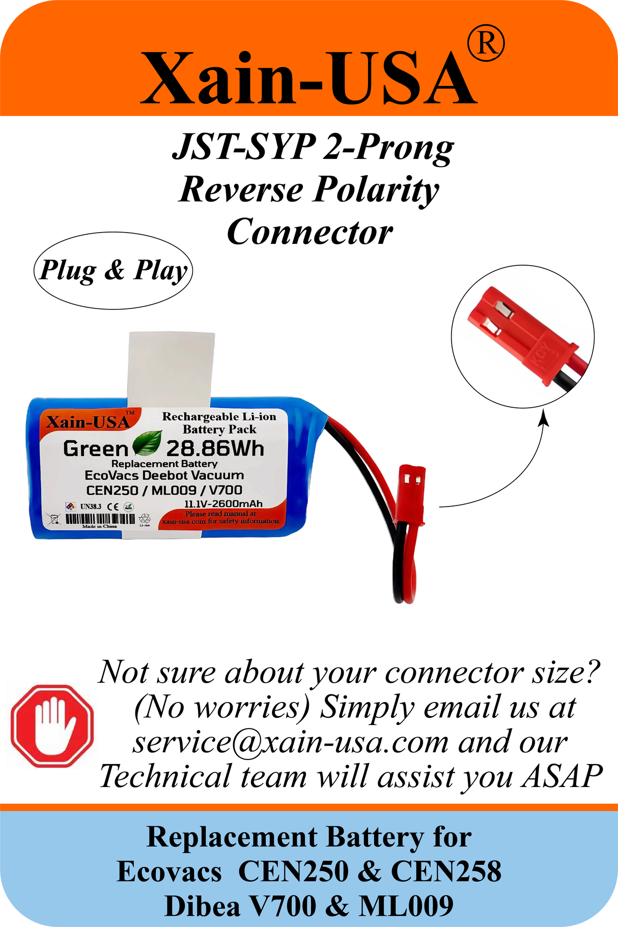 (1-Pack) 11.1V 2600mAh Li-ion Replacement Battery, 28.86Wh – Compatible with Ecovacs CEN250, CEN258 & Dibea ML009, V700