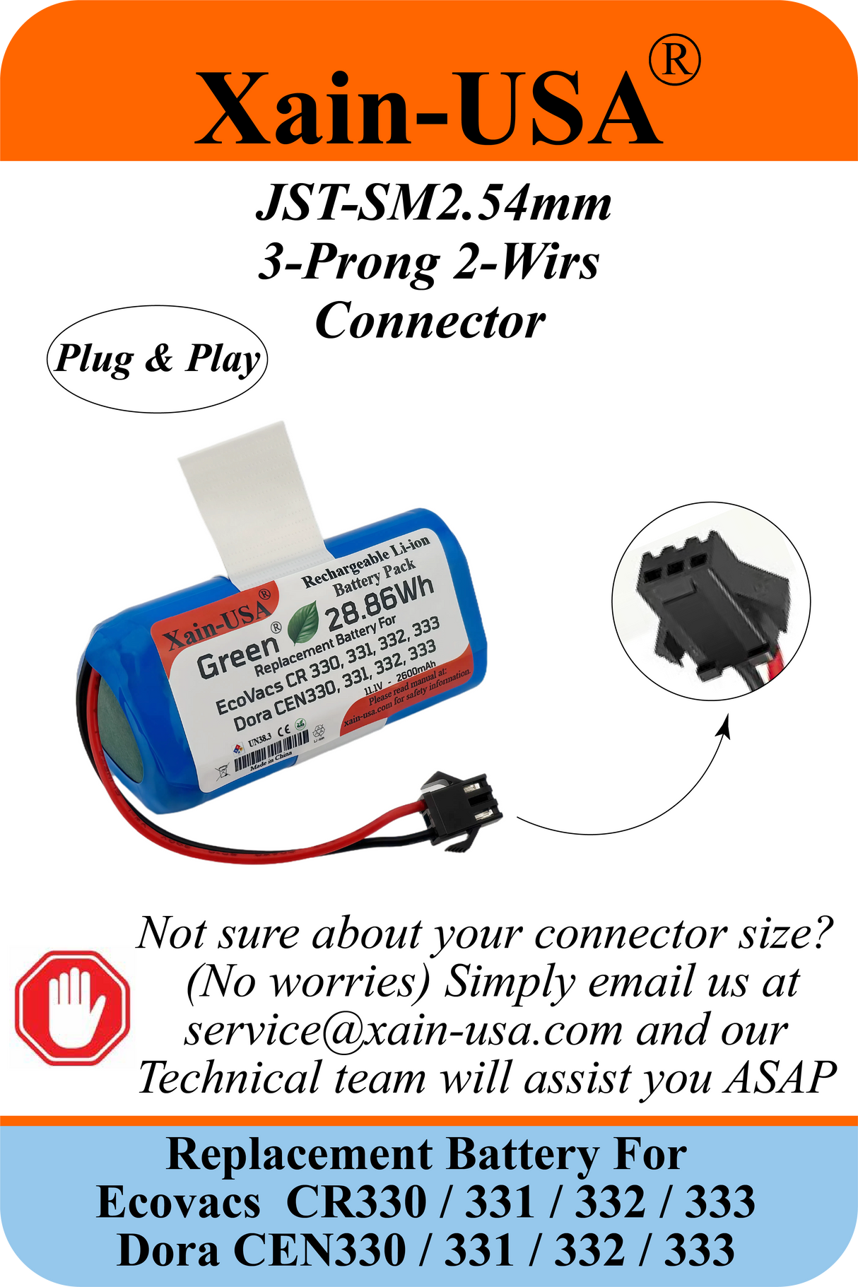 (1-Pack) 11.1V 2600mAh Replacement Battery for Ecovacs CR330, CR331, CR332, CR333, And Dora CEN330, CEN331, CEN332, CEN333 – PN: ICR18650 3S1P & UR18650ZY-3S1P-AAP (28.86Wh)