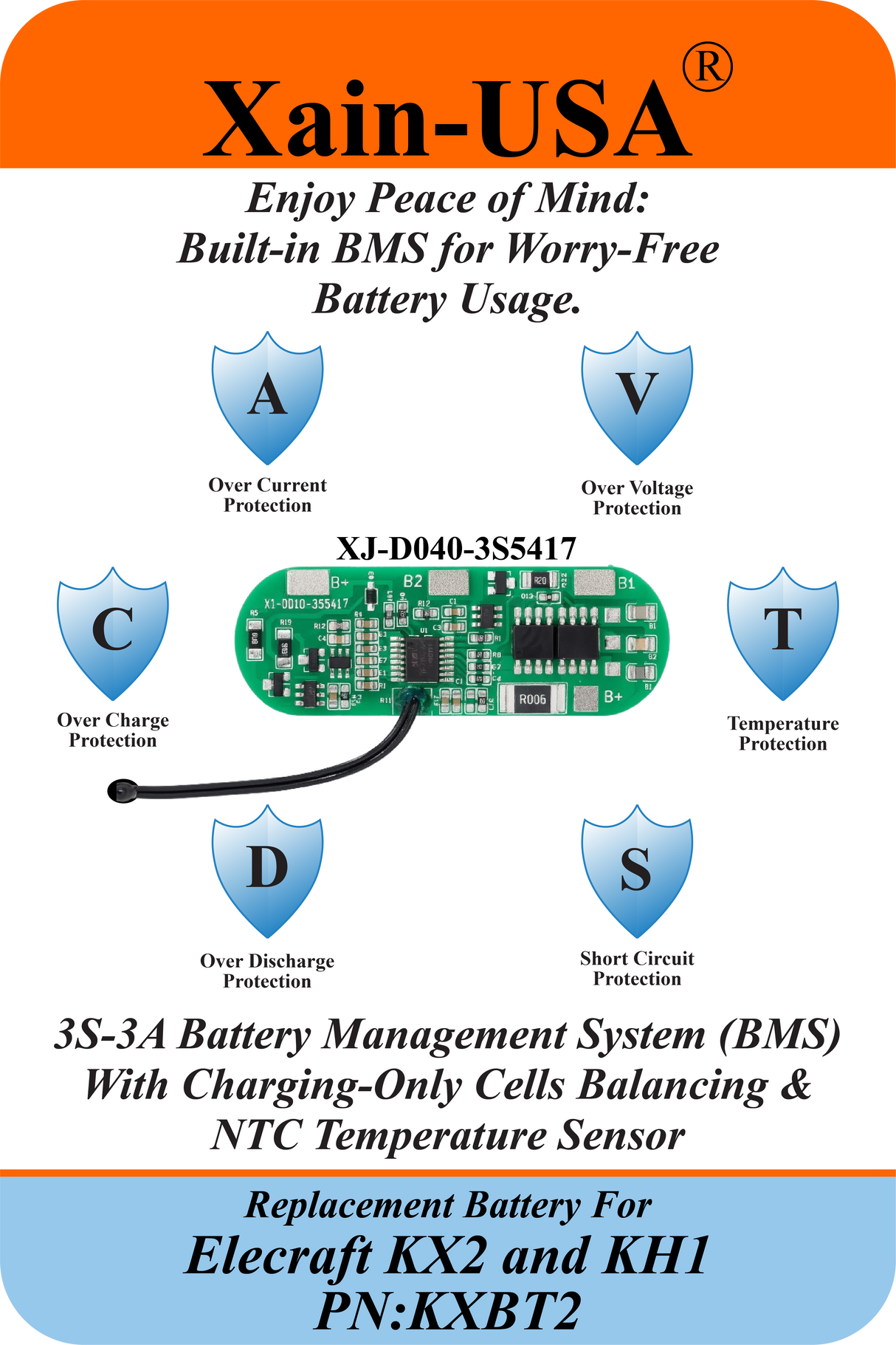 KXBT2 Replacement Battery for Elecraft KX2 & KH1, 11.1V 2600mAh Rechargeable Li-ion with Xain-Xtra Cells, 1000+ Cycle Life, BMS with Balancing & Temperature Sensing