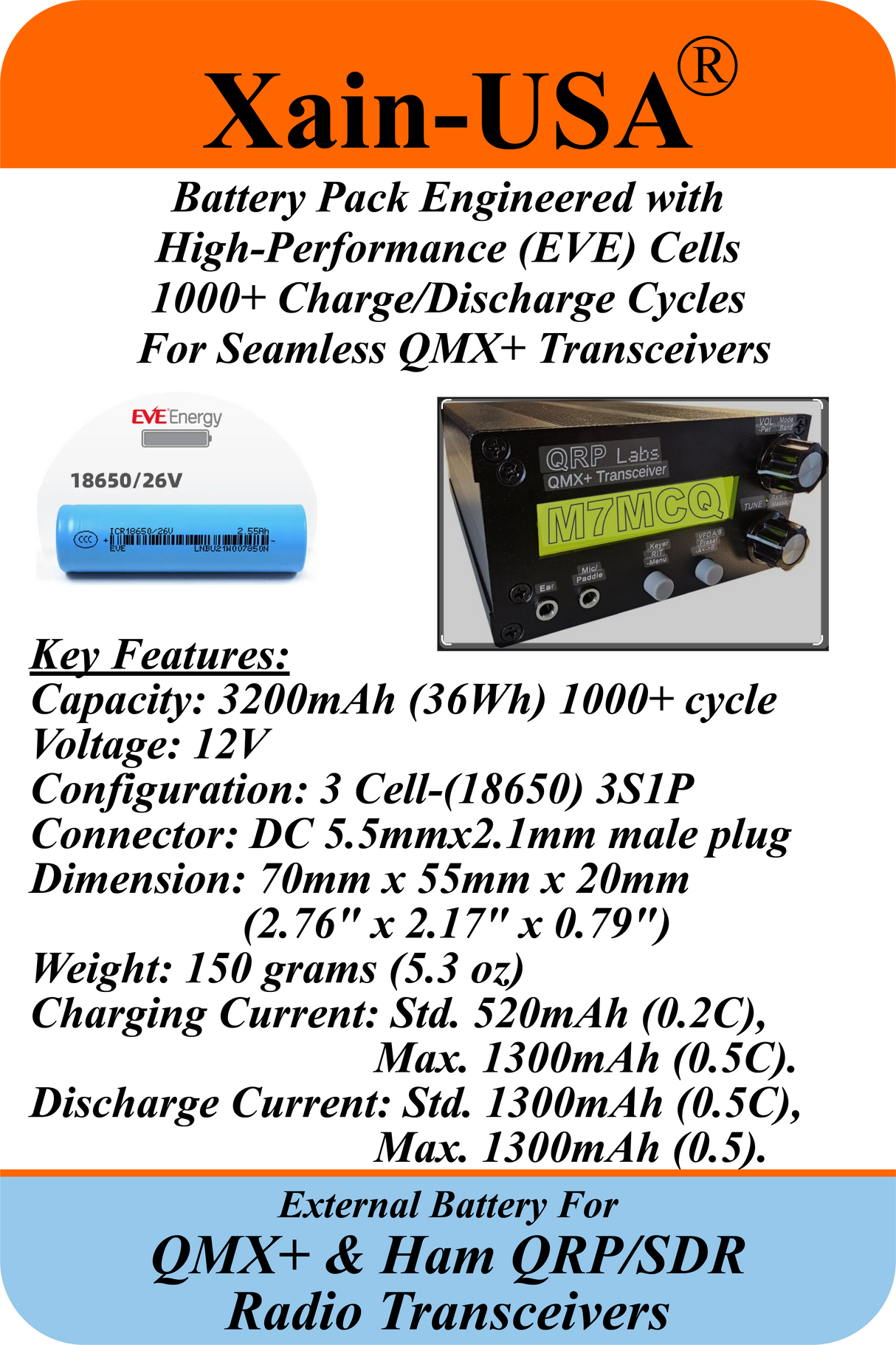 12V 3200mAh Li-ion Rechargeable External Battery – Compatible with QMX+ Transceivers & SDR/QRP Ham Radios High-Endurance Power with Xain-Xtra Cells, Rated for 1000+ Charge Cycles