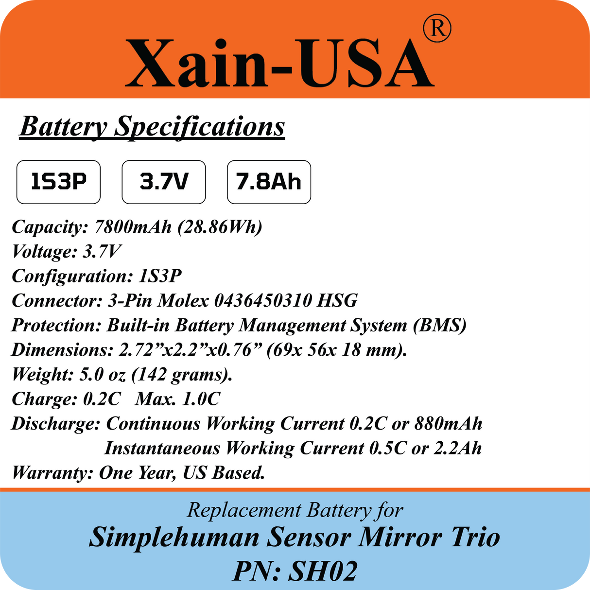 ULTRA-CAPACITY 7800mAh Battery for Simplehuman PN: SH02 Sensor Mirror Trio