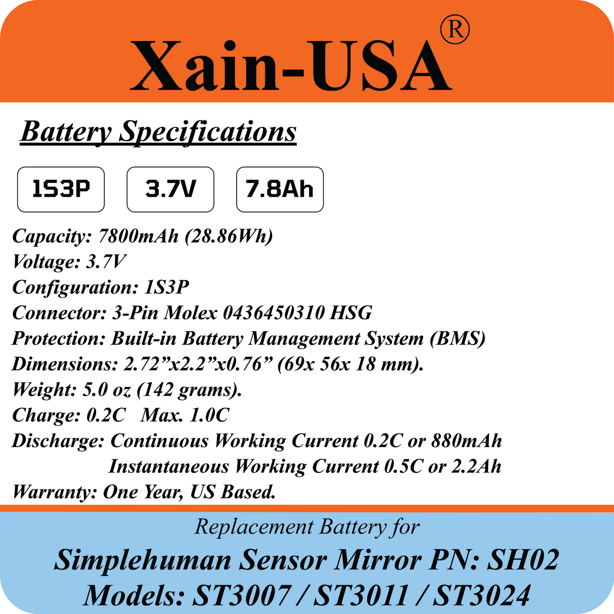 7800mAh Replacement Battery for Simplehuman Mirror PN: SH02 ST3007 ST3011 ST3024