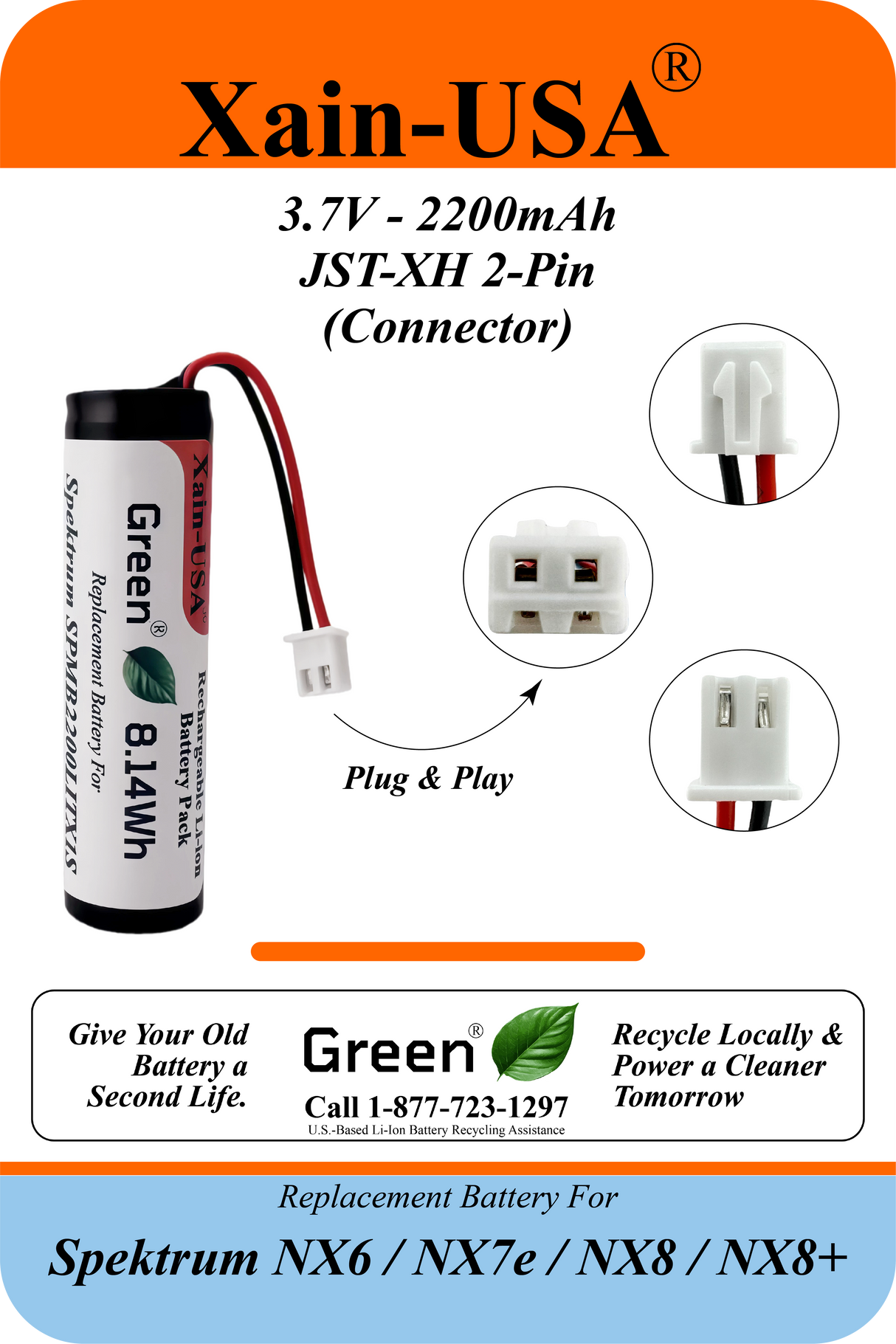 3.7V 2200mAh Li-Ion Replacement Battery for Spektrum NX6, NX7e, NX8, and NX8+ Transmitters | SPMB2200LITX1S Compatible | 2-Year Warranty