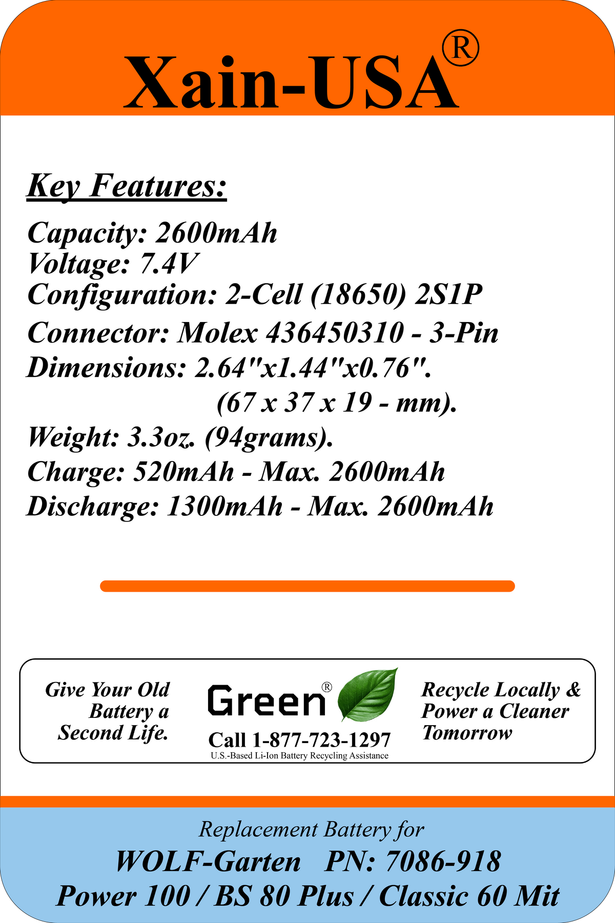 7.4V 2600mAh Replacement Battery for WOLF-Garten Power 100 / BS 80 Plus / Classic 60 Mit, Replaces PN 7086-918, 19.24Wh Li-ion, 3-Wire Connector, Built-in BMS