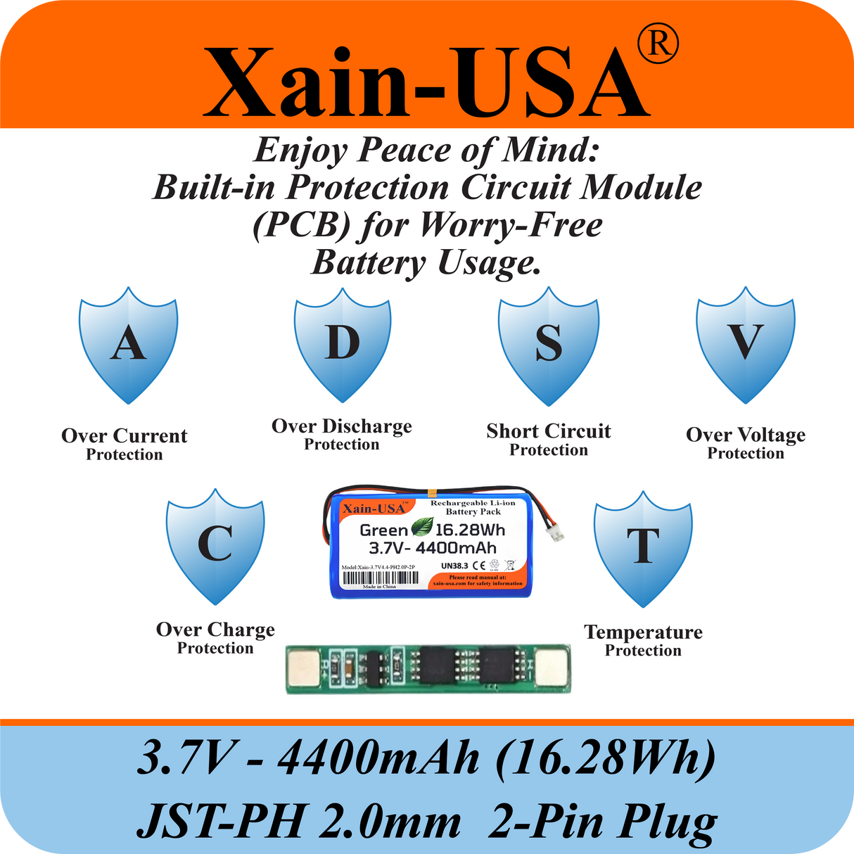 (1-Pack) 3.7V 4400mAh Li-ion Rechargeable Battery Pack with JST-PH2.0 2-Pin Connector for Electronics, LED Lighting, Low-Drain Devices, Outdoor Lights, Toys, GPS, Speakers, Fire Alarm
