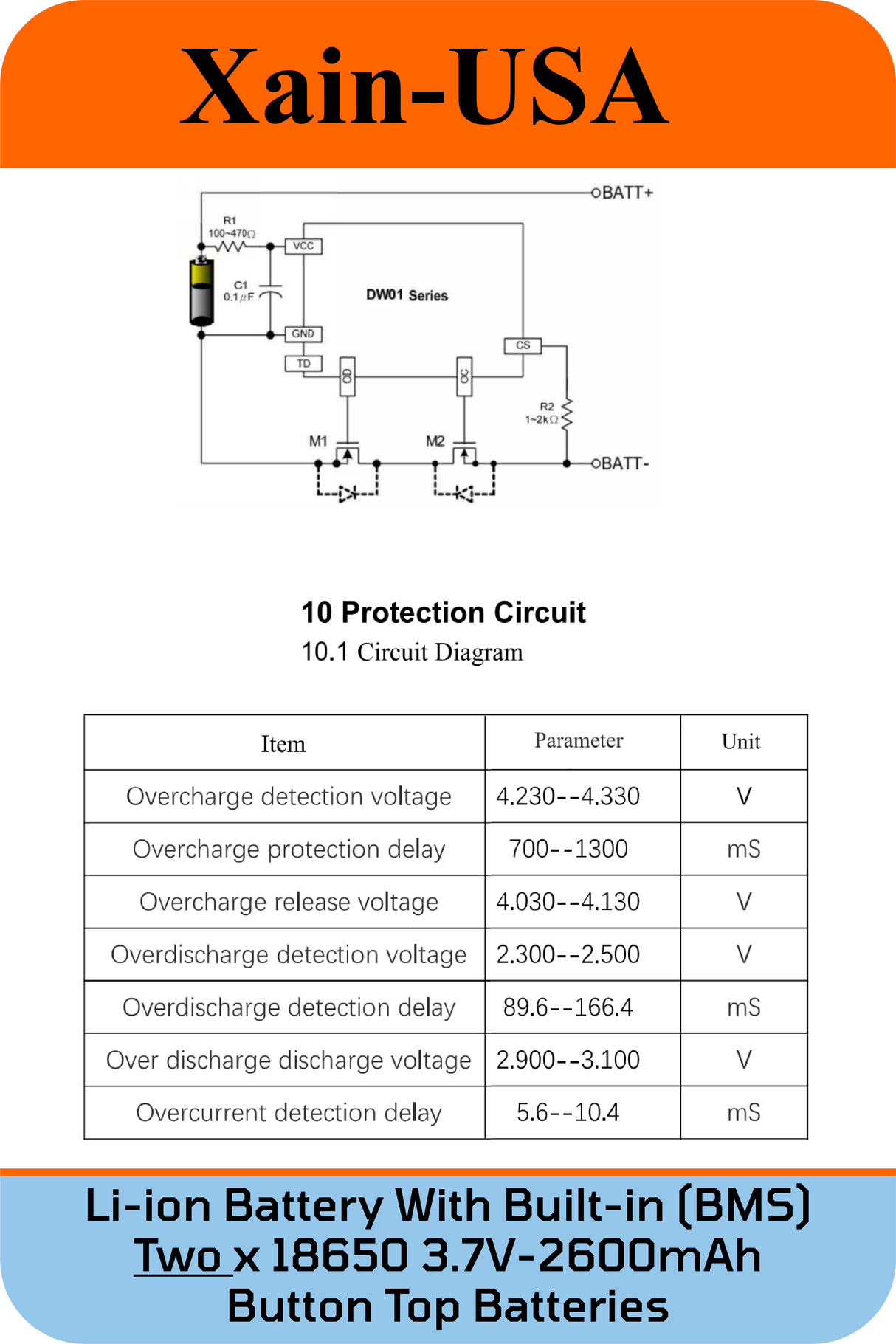 2-Pack 3.7V 2600mAh 18650 Button Top