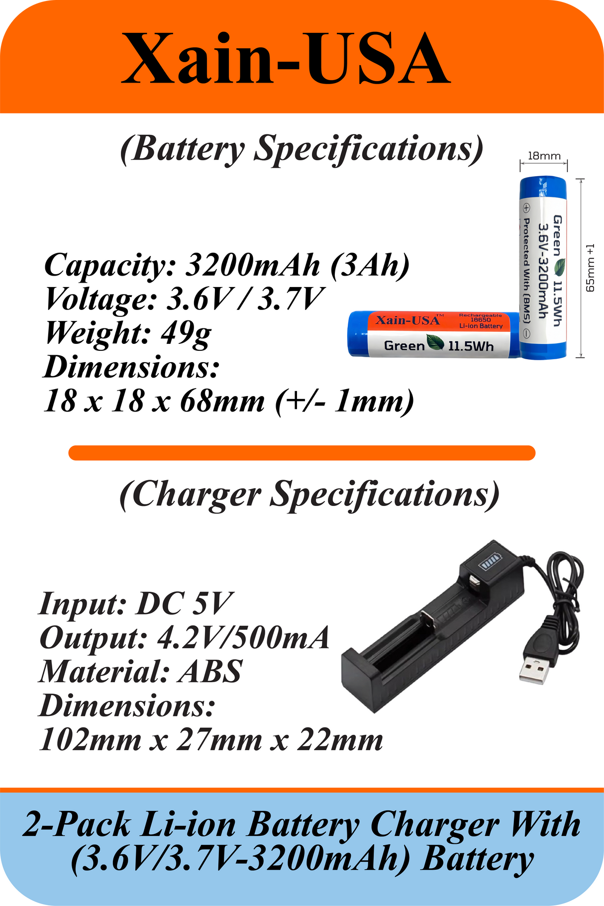 2-Pack: (Charger + 3.7V, 3200mAh Li-ion Rechargeable Battery). Ideal for flashlights, solar lights, torches, toys, radios, and other electronic devices.