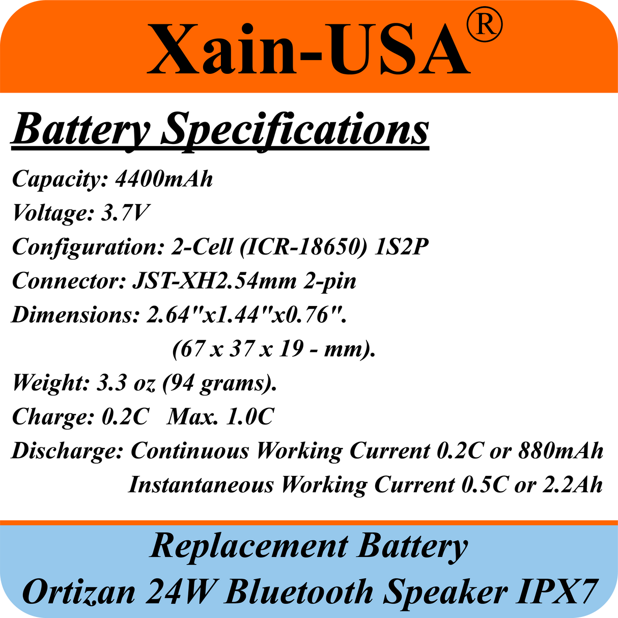 (2-Pack) Replacement Battery for Ortizan 24W Bluetooth Speaker IPX7 – 3.7V 4400mAh 16.28Wh Li-ion Rechargeable Pack with JST-XH 2P 2.54mm Connector
